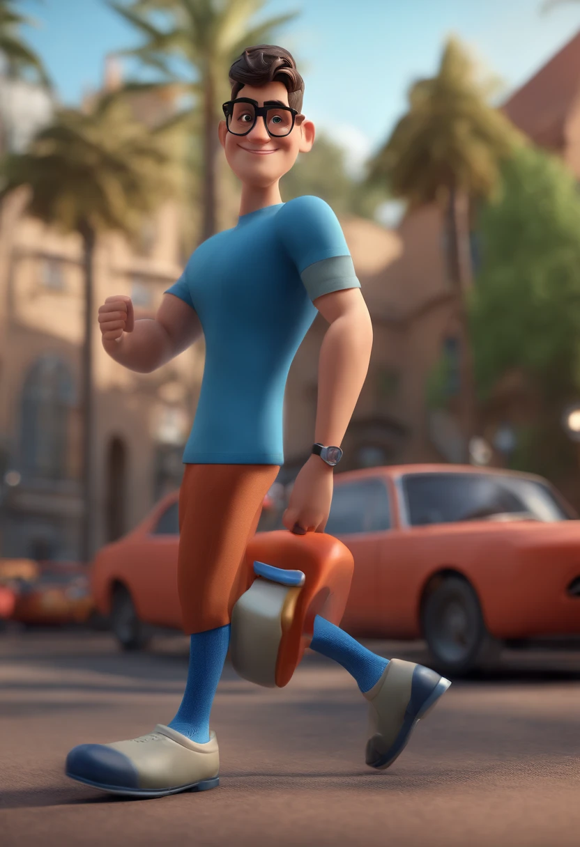 Cartoon character of a man with black glasses and a blue shirt, animation character, Caractere estilizado, animation style rendering, 3D estilizado, Arnold Maya render, 3 d render stylized, toon render keyshot, Personagem 3D, Personagem 3D, 3d rendering stylized, 3 d character render, personagem de desenho animado, Personagem de close up, Pose de personagem,  (Estilo Pixar) (master part:1.2) (Bokeh) (best quality) (pele detalhada) (textura detalhada) (8k) (argila) (Cinematic lighting) (foco nítido