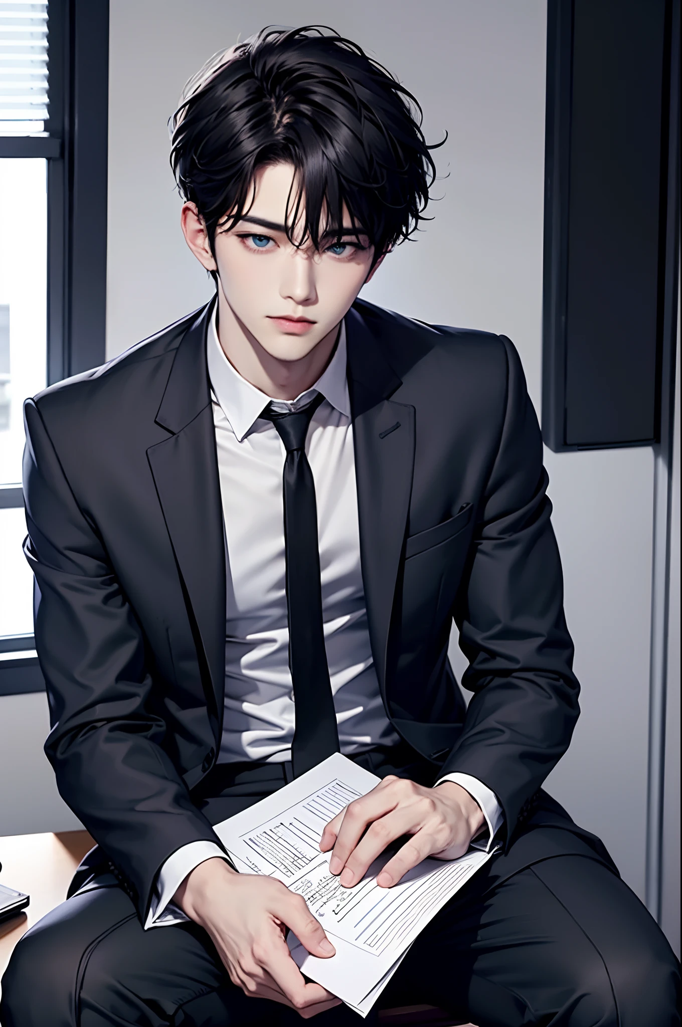 A handsome man sits in front of his work，Sign the document，solo person，in a office，blue color eyes，with short black hair，（A neat black suit），White shirt，