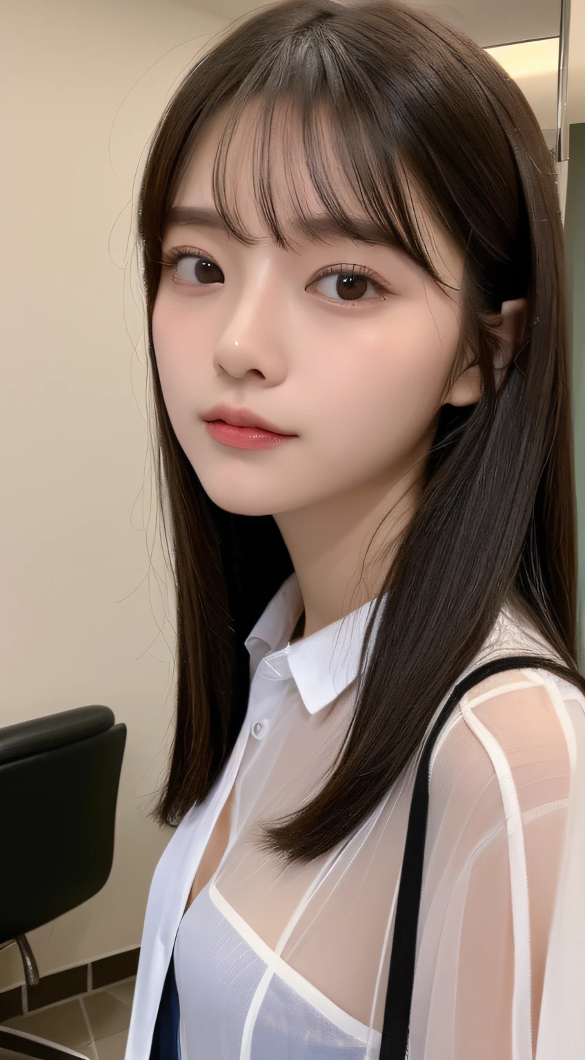 ((top-quality、8K、​masterpiece:1.5))、One girl、(Unhealthy face)、(Letter to)、Blunt bangs、(Lots of bangs:1.3)、(full body Esbian:1.4)、(Symmetrical face)、hyperdetailed face、Ultra detailed mouth、A detailed eye、Detailed ears、Slim Faces、(selfee:1.3)、(off shoulders)、(Armpit)、(Looking Up)、(From  above)、(Straight long hair、Ahoge:1.3)、(Upper Eyes)、the background is blurred、(Sheer shirt:1.3)、(The shirt shows through and the underwear is visible)、lipgloss、(Beauty Salon)、(turning off lights)、
