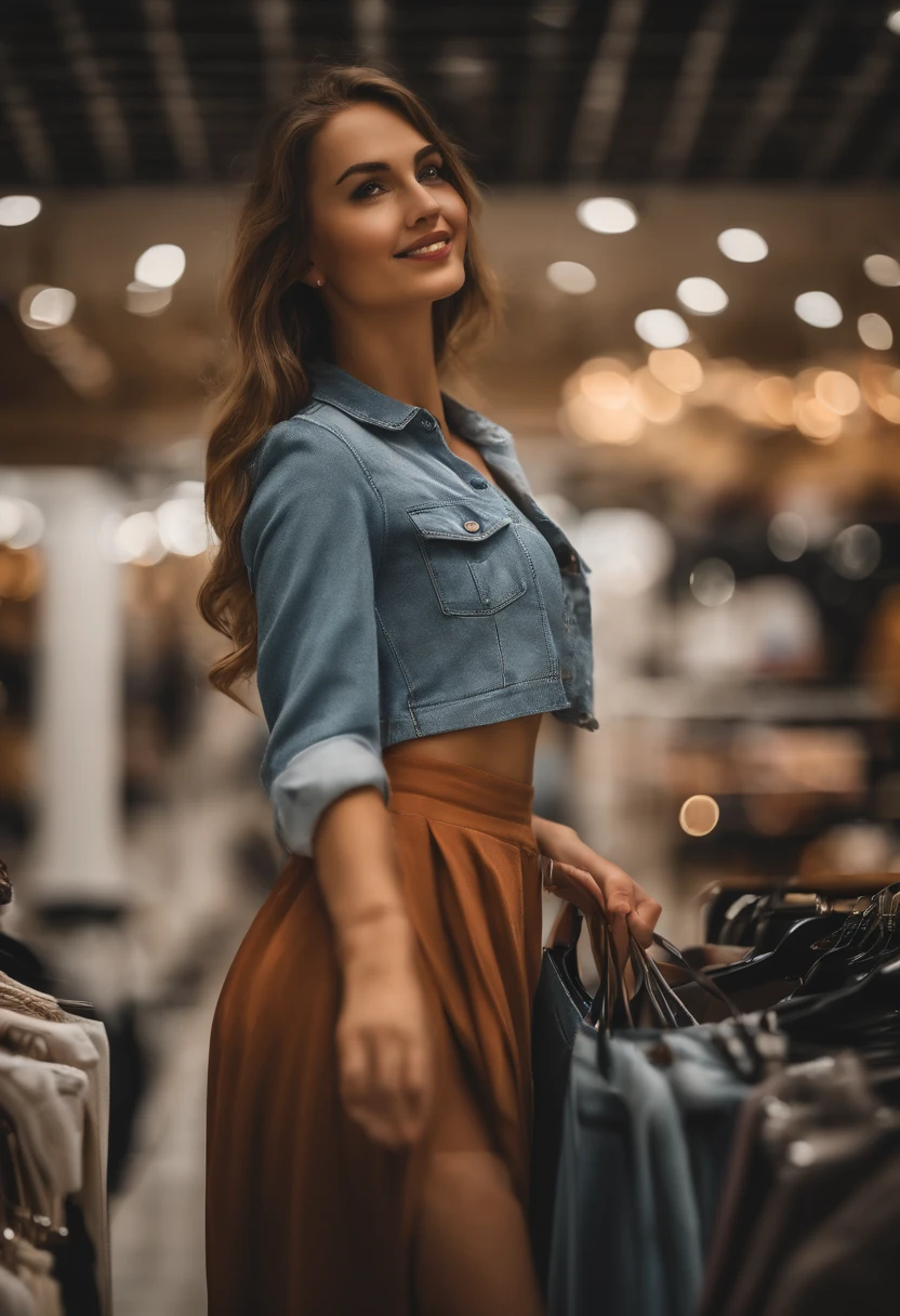 (Mikayla Demaiter) pessoa posando em uma loja de roupas de shopping, best quality, 1girl, desfocar fundo, Bokeh, (shopping:1.4), ((vestindo uma camisa branca)), gorgeous,, beautiful detailed sky, (dynamic pose:1), soft lighting, vento, ((retrato:1.4)),