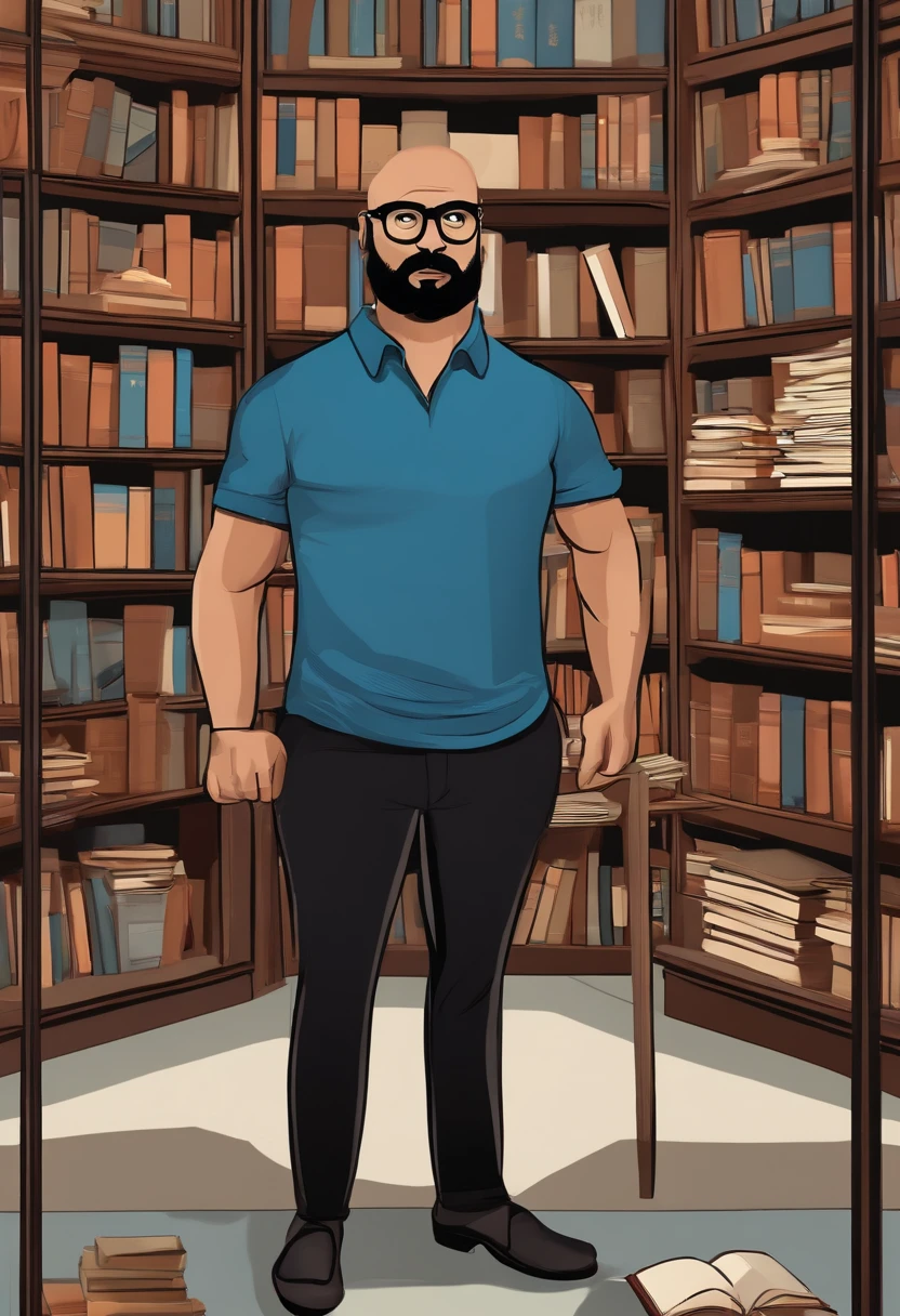 Cartoon character of a bald man with a black beard with black glasses and a blue shirt, He looks like he's looking at the camera. The bookcase is quite crowded, with countless books of different sizes and colors occupying the shelves. O homem parece ser o foco principal da cena, and the bookshelf serves as the backdrop for the ▌The image shows a man standing in front of a bookshelf filled with several books. He is wearing glasses and a blue shirt and appears to be looking at the camera. The bookcase is quite crowded, with countless books of different sizes and colors occupying the shelves. O homem parece ser o foco principal da cena, e a estante serve de pano de fundo para a foto, animation character, Caractere estilizado, animation style rendering