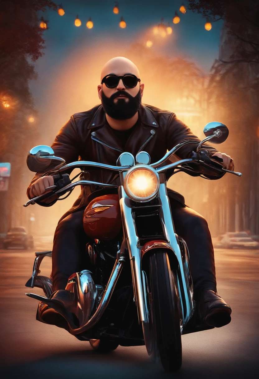 A Disney Pixar 3D-style poster of a 30-year-old man with glasses, bald head and black beard riding a Harley Davison 883 on a motorcycle ride