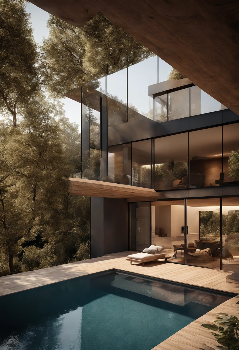 Ein modernes Haus, das von Schwarz, aber warm dominiert wird, High 8k resolution, Eine Vielzahl von Details, Perfekte Verschmelzung mit der Natur, im modernen, natural style, Close to a natural watercourse. Innere Verschmelzung mit dem Berg, very natural, warm. Schatten, hell, Warme Farbe, photorealiste, Weiches Licht, Moderner Baustil, Large outdoor pool, spezifizieren, hight resolution, carved into a rock center in the mountain