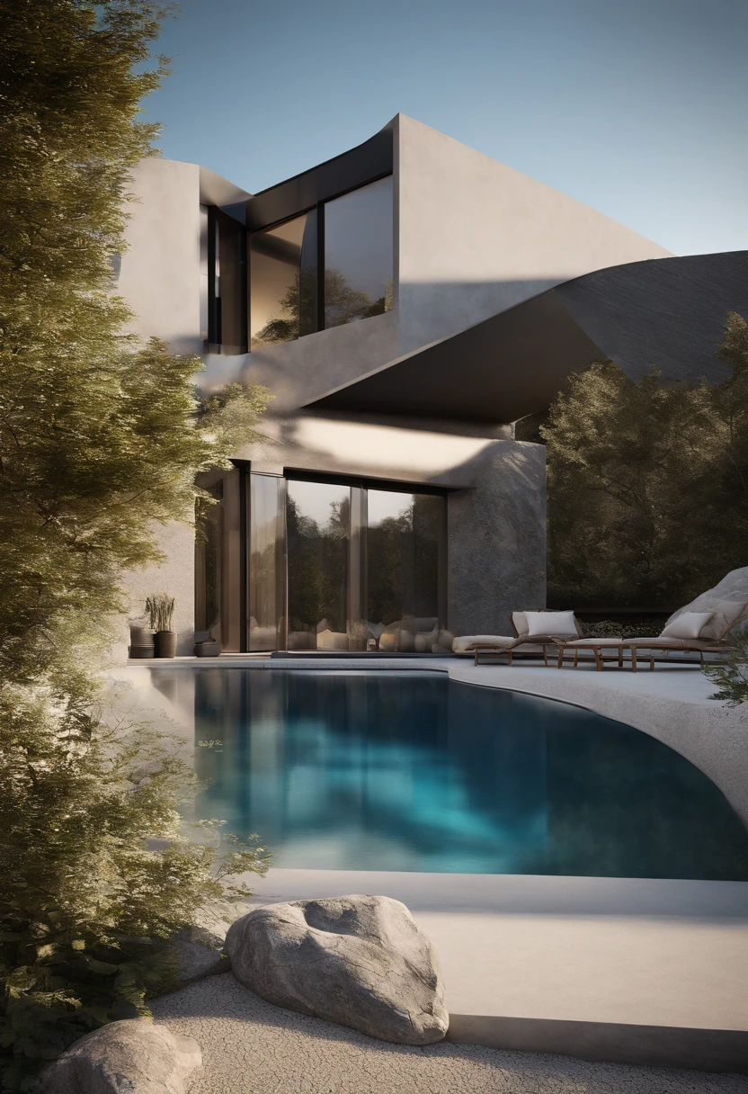 Ein modernes Haus, das von Schwarz, aber warm dominiert wird, High 8k resolution, Eine Vielzahl von Details, Perfekte Verschmelzung mit der Natur, im modernen, natural style, Close to a natural watercourse. Innere Verschmelzung mit dem Berg, very natural, warm. Schatten, hell, Warme Farbe, photorealiste, Weiches Licht, Moderner Baustil, Large outdoor pool, spezifizieren, hight resolution, carved into a rock center in the mountain