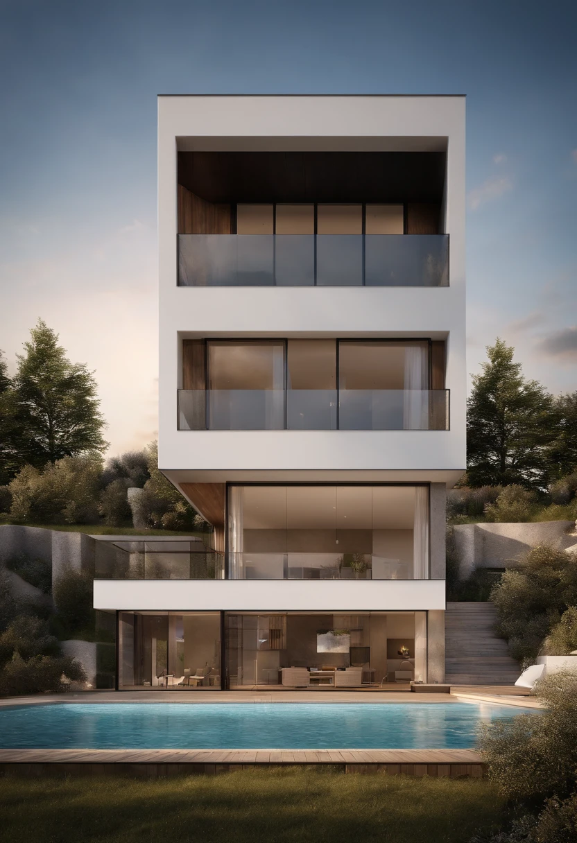 Ein modernes Haus, das von Schwarz, aber warm dominiert wird, High 8k resolution, Eine Vielzahl von Details, Perfekte Verschmelzung mit der Natur, im modernen, natural style, Close to a natural watercourse. Innere Verschmelzung mit dem Berg, very natural, warm. Schatten, hell, Warme Farbe, photorealiste, Weiches Licht, Moderner Baustil, Large outdoor pool, spezifizieren, hight resolution, carved into a rock center in the mountain