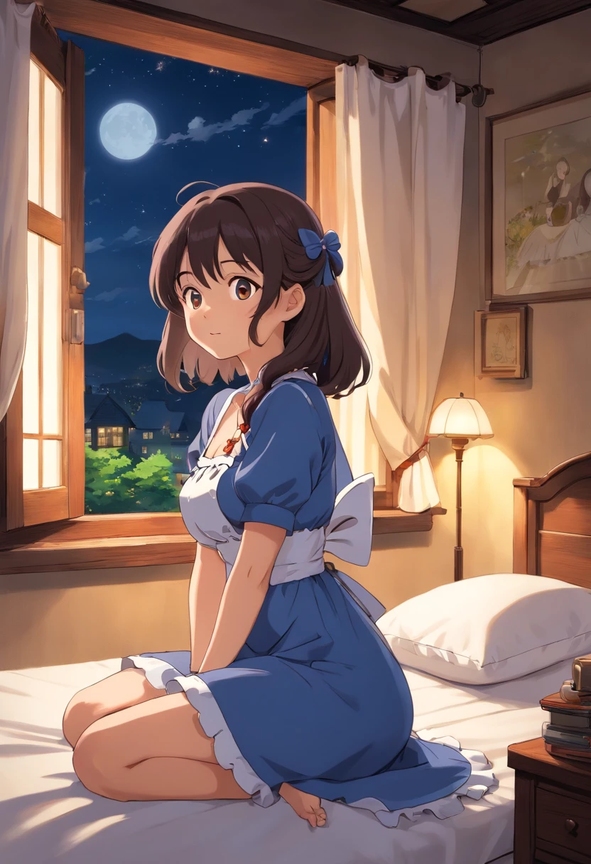 Best Quality、Night view outside the window、Light brown skin、bikini, maid、cleavage of the breast、long hair、femele、独奏、Very cute、、Midnight、black hair、breasts、I want to blush、bending forward、Bedroom、Wink、twinkling、Kamimei、Sit on the bed、Girl sitting