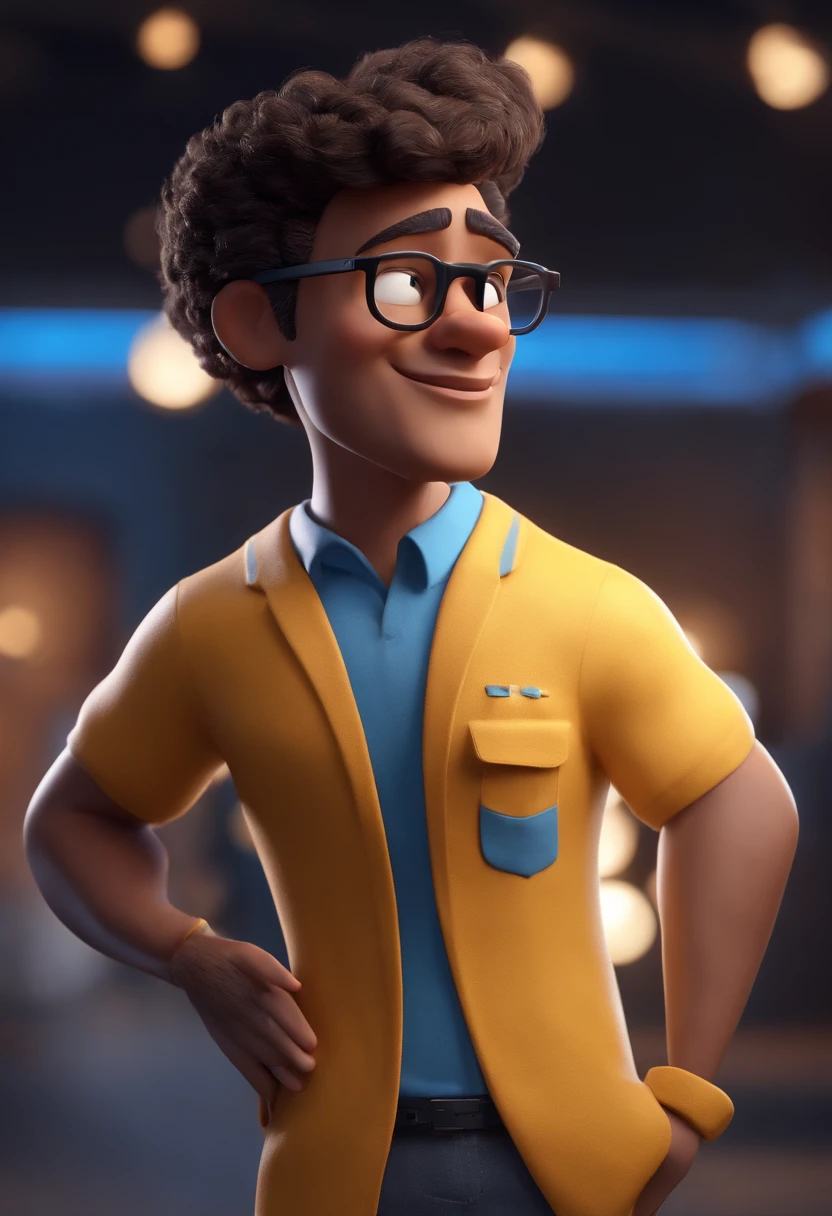 Cartoon character of a man with black glasses and a blue shirt, animation character, Caractere estilizado, animation style rendering, 3D estilizado, Arnold Maya render, 3 d render stylized, toon render keyshot, Personagem 3D, Personagem 3D, 3d rendering stylized, 3 d character render, personagem de desenho animado, Personagem de close up, Pose de personagem,  (Estilo Pixar) (master part:1.2) (Bokeh) (best quality) (pele detalhada) (textura detalhada) (8k) (argila) (Cinematic lighting) (foco nítido