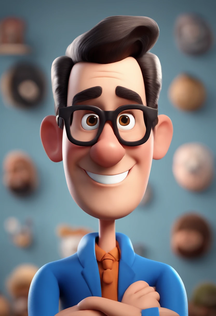 Cartoon character of a man with black glasses and a blue shirt, animation character, Caractere estilizado, animation style rendering, 3D estilizado, Arnold Maya render, 3 d render stylized, toon render keyshot, Personagem 3D, Personagem 3D, 3d rendering stylized, 3 d character render, personagem de desenho animado, Personagem de close up, Pose de personagem, (Estilo Pixar) (master part:1.2) (Bokeh) (best quality) (pele detalhada) (textura detalhada) (8k) (argila) (Cinematic lighting) (foco nítido