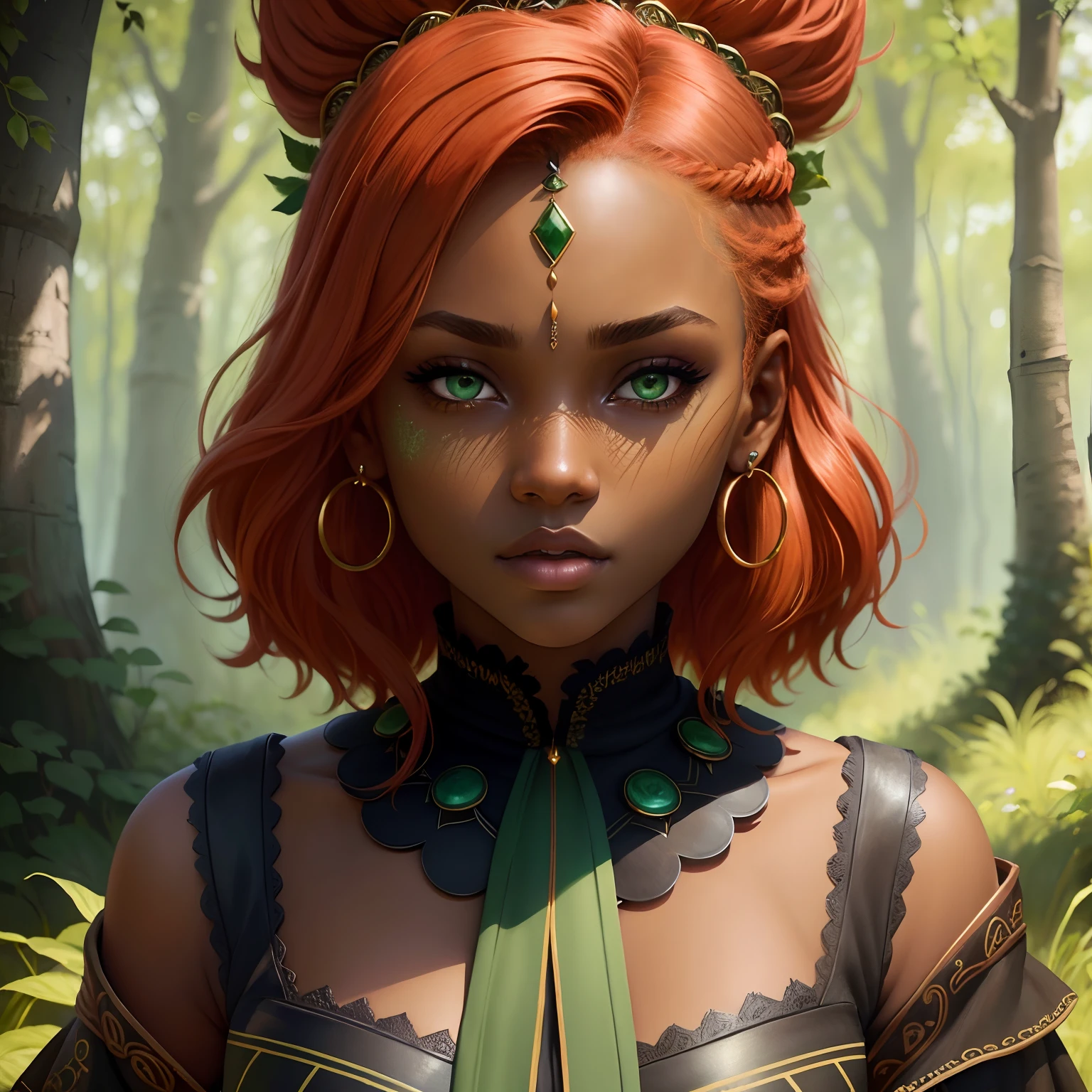 Closeup photo portrait of beautiful ebony ager_woman as druid, dark makeup, short ginger hair, big perfect green eyes, big perfect lips,, epic character composition, frontal view, atmospheric scene, masterpiece, best quality, (detailed beautiful face, detail skin texture, ultra-detailed body:1.1), diffused lighting
