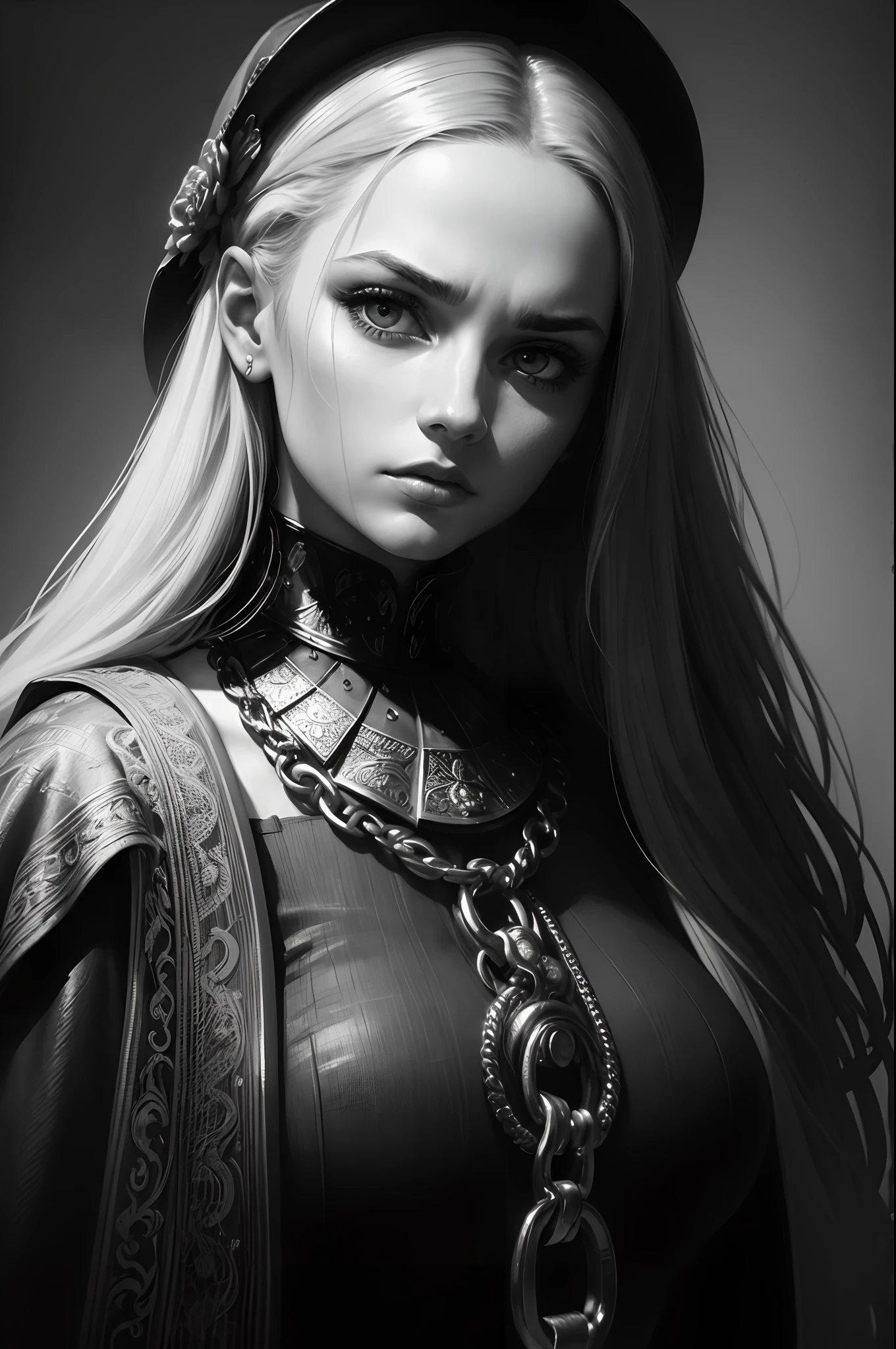 (highres,masterpiece:1.2),A woman in chains,beautiful detailed eyes,beautiful detailed lips,long hair,sad expression,dramatic lighting,black and white,soft focus,rembrandt style,metallic chains,dark background,dramatic portrait,high contrast,emotion,intense gaze,contrast,classic art,monochrome.