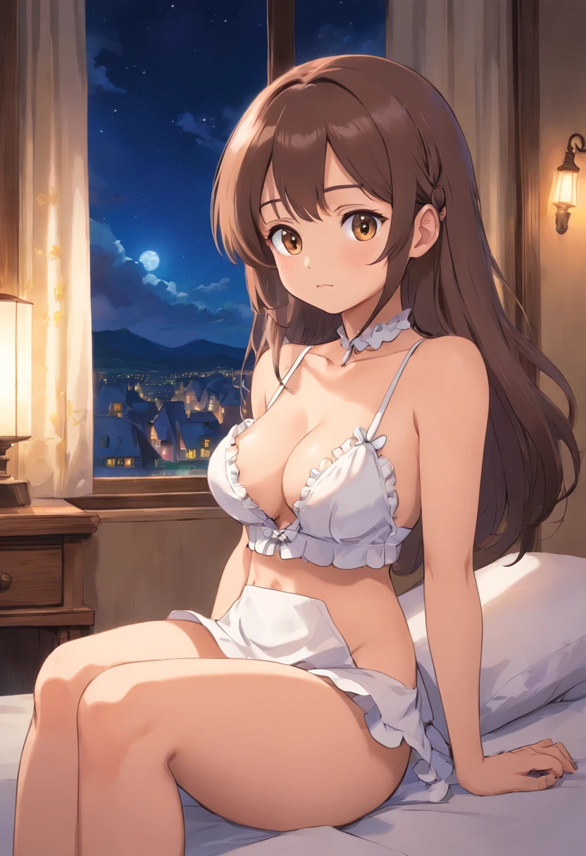 Best Quality、Night view outside the window、Light brown skin、bikini, maid、cleavage of the breast、long hair、femele、独奏、Very cute、navel、Midnight、black hair、large breasts、I want to blush、bending forward、Bedroom、Wink、twinkling、Kamimei、Sit on the bed、Girl sitting