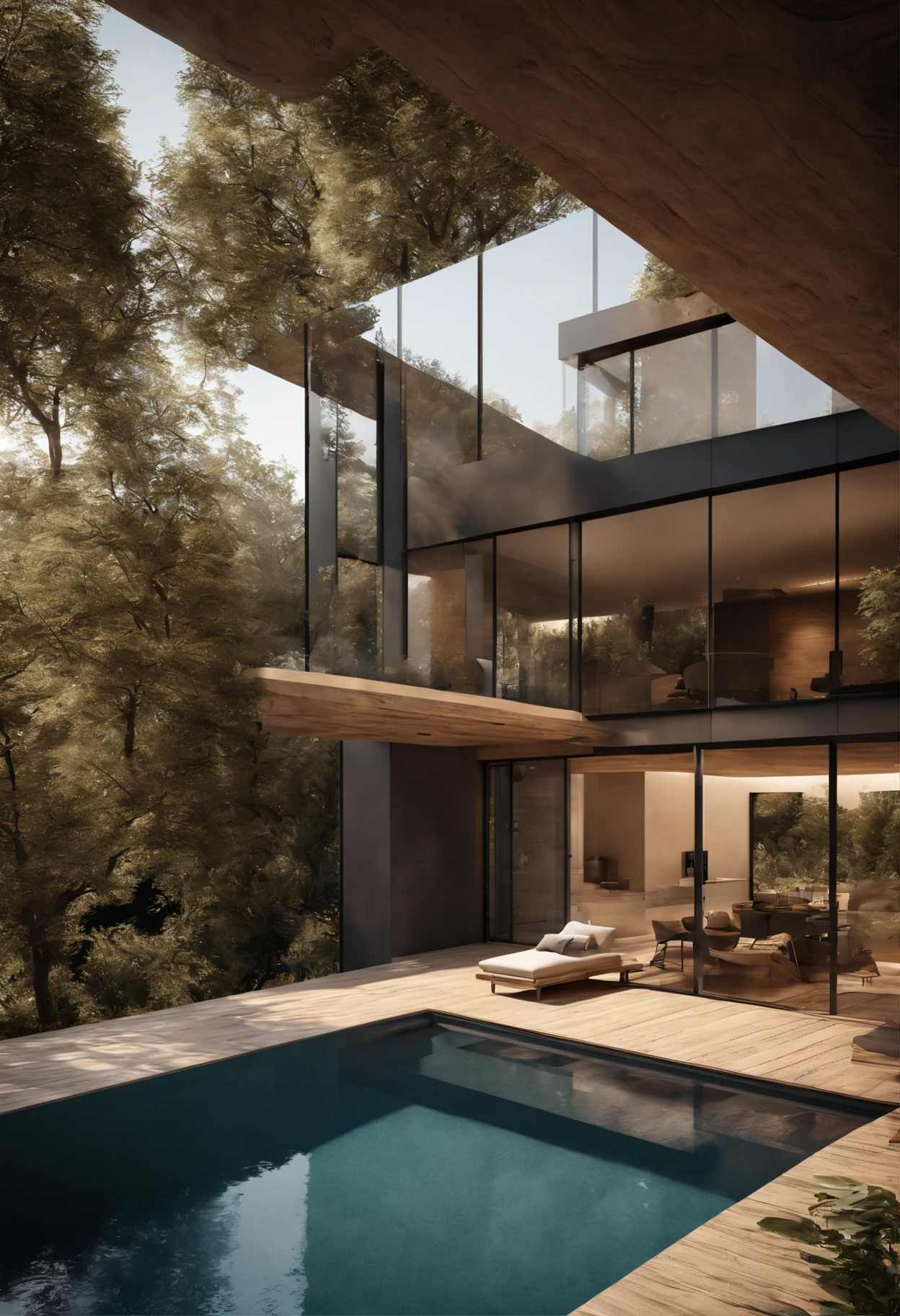 Ein modernes Haus, das von Schwarz, aber warm dominiert wird, High 8k resolution, Eine Vielzahl von Details, Perfekte Verschmelzung mit der Natur, im modernen, natural style, Close to a natural watercourse. Innere Verschmelzung mit dem Berg, very natural, warm. Schatten, hell, Warme Farbe, photorealiste, Weiches Licht, Moderner Baustil, Large outdoor pool, spezifizieren, hight resolution, carved into a rock center in the mountain