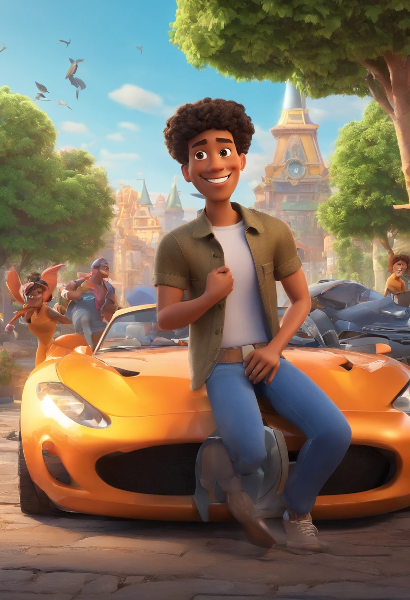 An illustration of a lovely man, Spotlight: a light mulatto man, chubby, with glasses, smiling, beautiful expressive eyes, the man's skin is mulatto and the little man's hair is black Illustrate this scene from a perspective where they are facing the camera, Smiling with old cars behind, como em um evento. Desenvolva esta arte em Full HD, Focus on your cinematic touch, Estilo Disney Pixar Animations