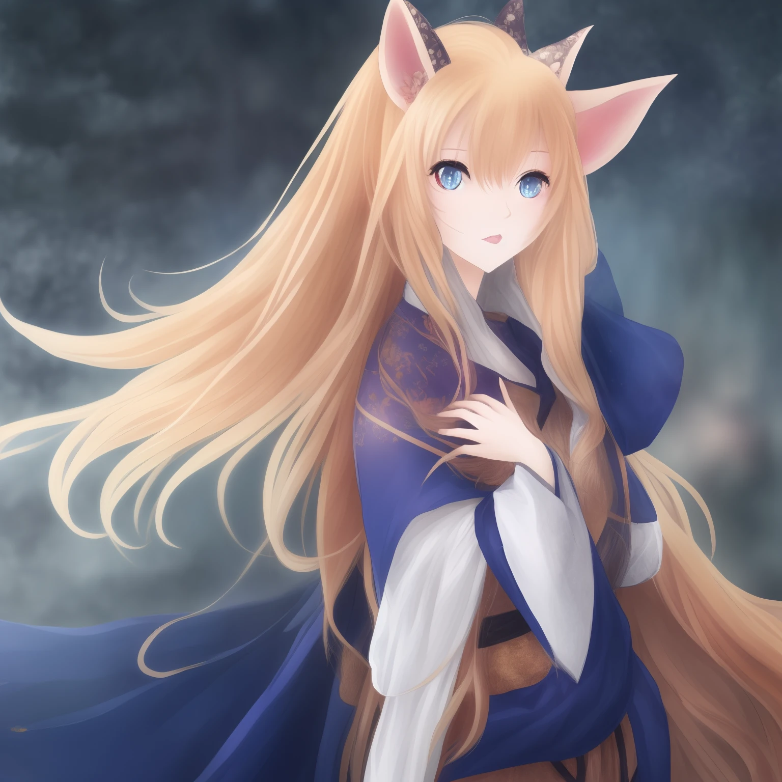 woman with ,golden hair ,dark blue eyes ,fox ears ,blue kimono