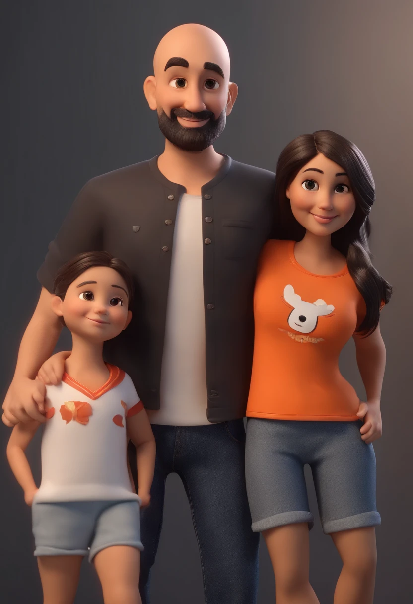 Cartoon character of a 36-year-old man descended from Japanese family, Shaved head with sparse beard, usando camiseta cinza, Denim Jeans Pants, animation character, Caractere estilizado, animation style rendering, 3D estilizado, Arnold Maya render, 3 d render stylized, toon render keyshot, Personagem 3D, Personagem 3D, 3d rendering stylized, 3 d character render, personagem de desenho animado, Personagem de close up, Pose de personagem, (Estilo Pixar) (master part:1.2) (Bokeh) (melhor qualidade) (pele detalhada) (textura detalhada) (8k) (argila) (Cinematic lighting) (foco nítido), Next to her her lovely 10-year-old daughter with long, wavy black hair wearing a white T-shirt and orange shorts