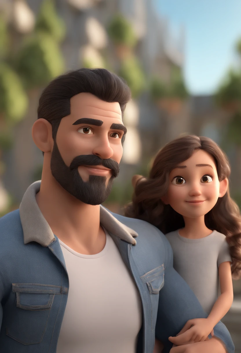 Cartoon character of a 36-year-old man descended from Japanese family, Shaved head with sparse beard, usando camiseta cinza, Denim Jeans Pants, animation character, Caractere estilizado, animation style rendering, 3D estilizado, Arnold Maya render, 3 d render stylized, toon render keyshot, Personagem 3D, Personagem 3D, 3d rendering stylized, 3 d character render, personagem de desenho animado, Personagem de close up, Pose de personagem, (Estilo Pixar) (master part:1.2) (Bokeh) (melhor qualidade) (pele detalhada) (textura detalhada) (8k) (argila) (Cinematic lighting) (foco nítido), Next to her her lovely 10-year-old daughter with long, wavy black hair wearing a white T-shirt and orange shorts