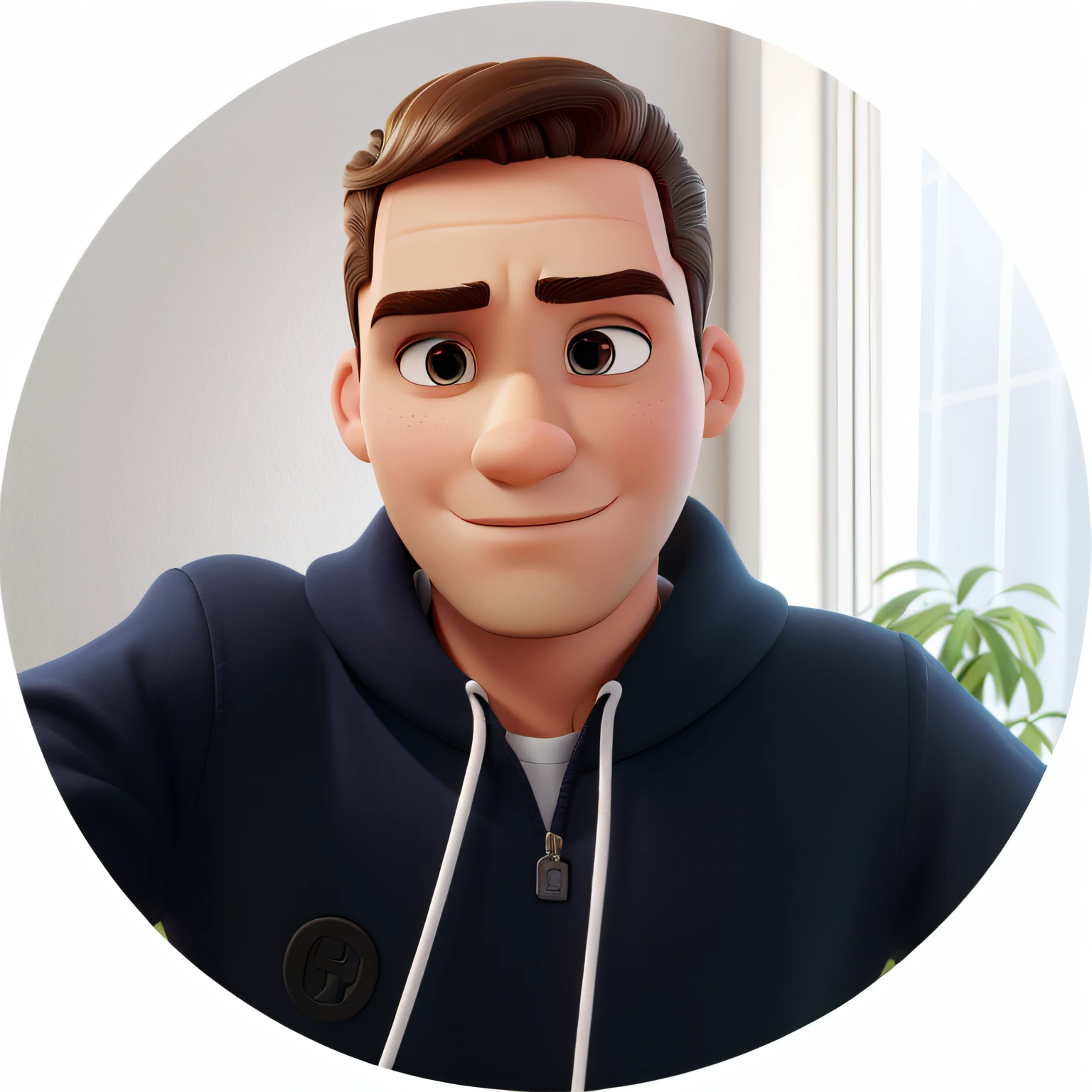 homem branco 18 anos, cabelos curtos dos lados pretos penteado para o lado, nariz fino e comprido, boca pequena, olhos pequenos castanhos, queixo e rosto fino, Pixar Style Poster alta qualidade 4k