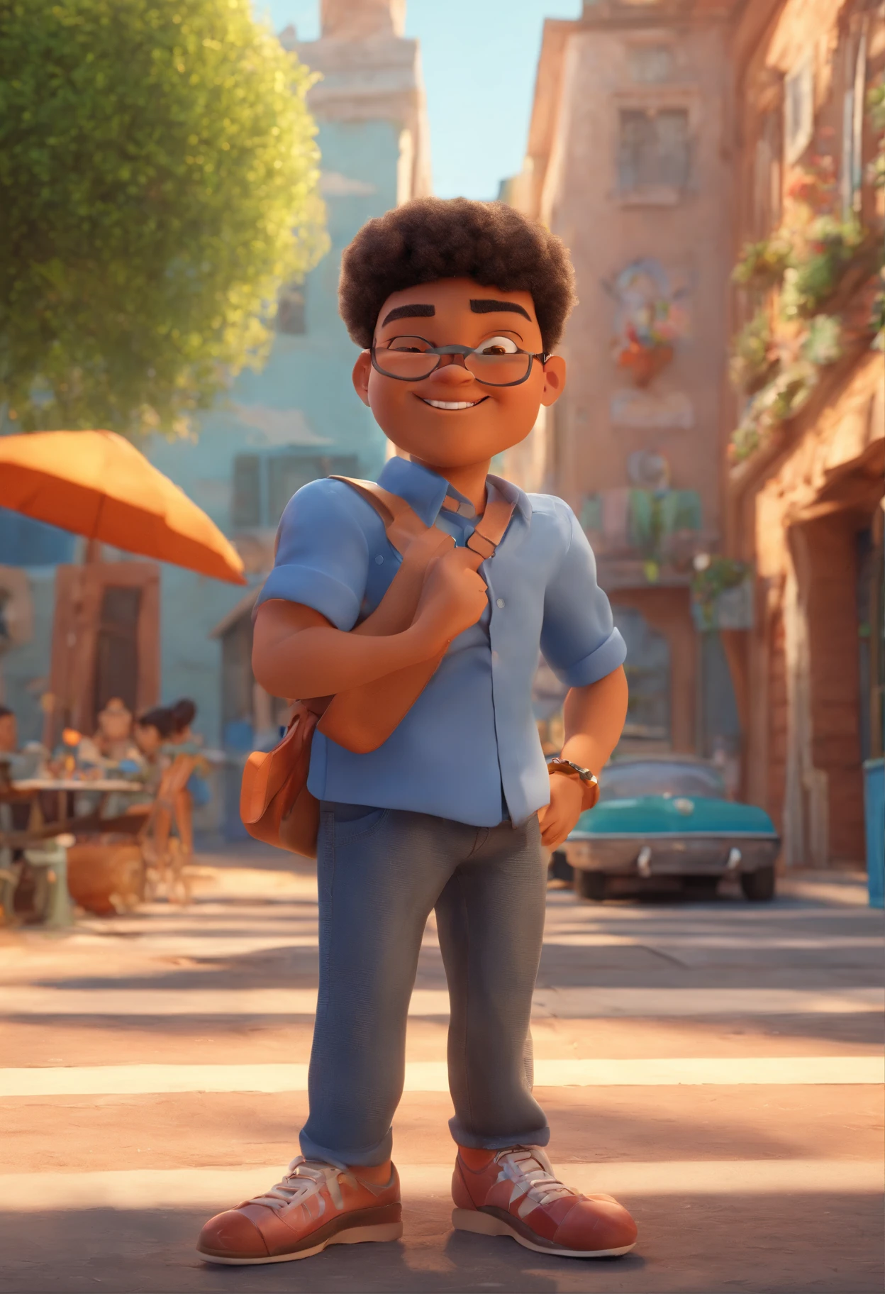 An illustration of a lovely man, Spotlight: a light mulatto man, chubby, with glasses, smiling, beautiful expressive eyes, the man's skin is mulatto and the little man's hair is black Illustrate this scene from a perspective where they are facing the camera, Smiling with old cars behind, como em um evento. Desenvolva esta arte em Full HD, Focus on your cinematic touch, Estilo Disney Pixar Animations