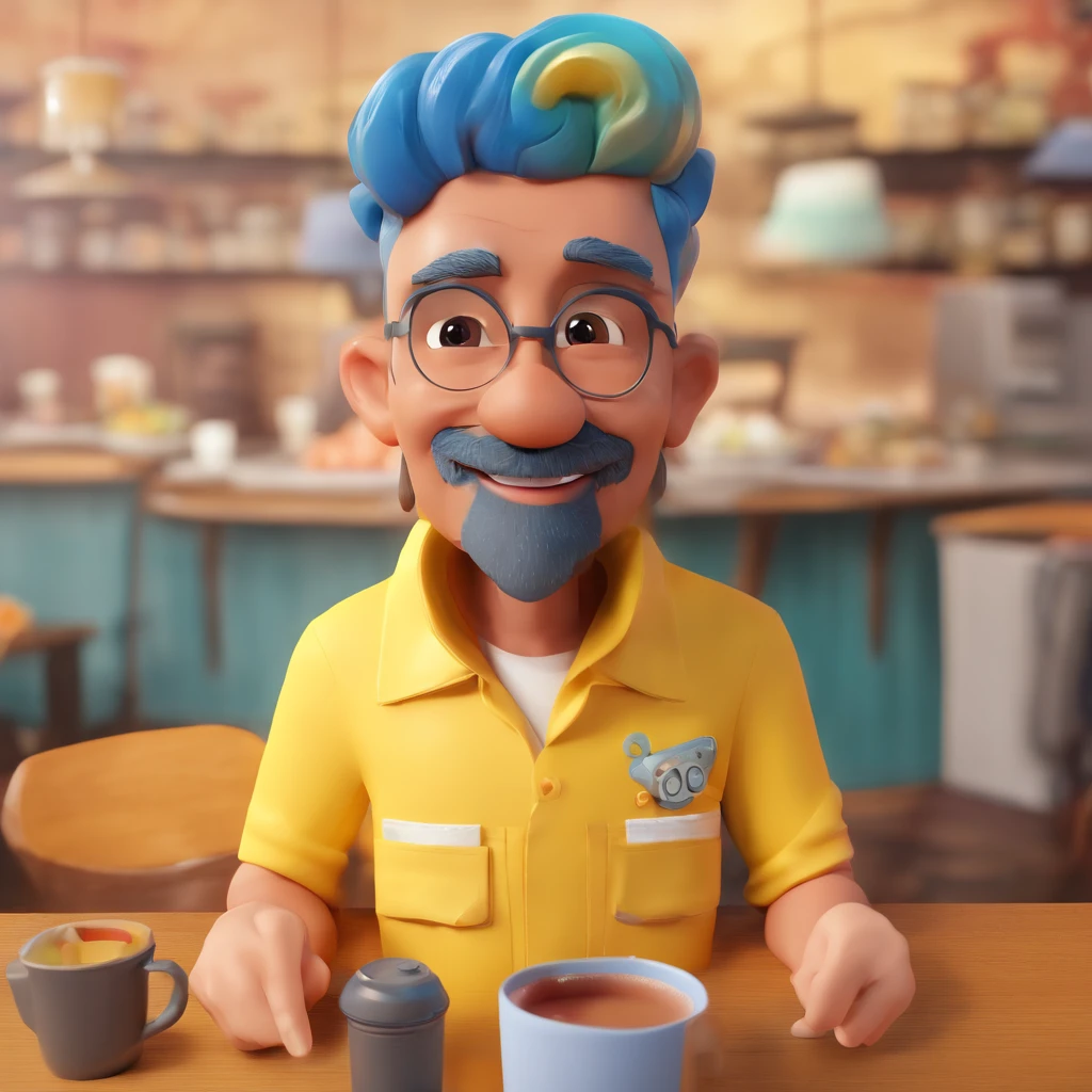 Criss is a smiling 50-year-old human mancom seu fiel amigo, Juninho, o cachorro yorkshire, deitados na cafeteria