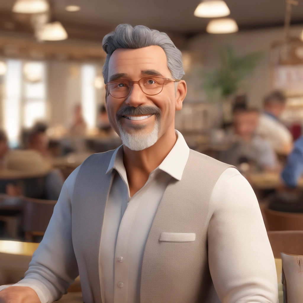 Criss is a smiling 50-year-old human mancom seu fiel amigo, Juninho, o cachorro yorkshire, deitados na cafeteria
