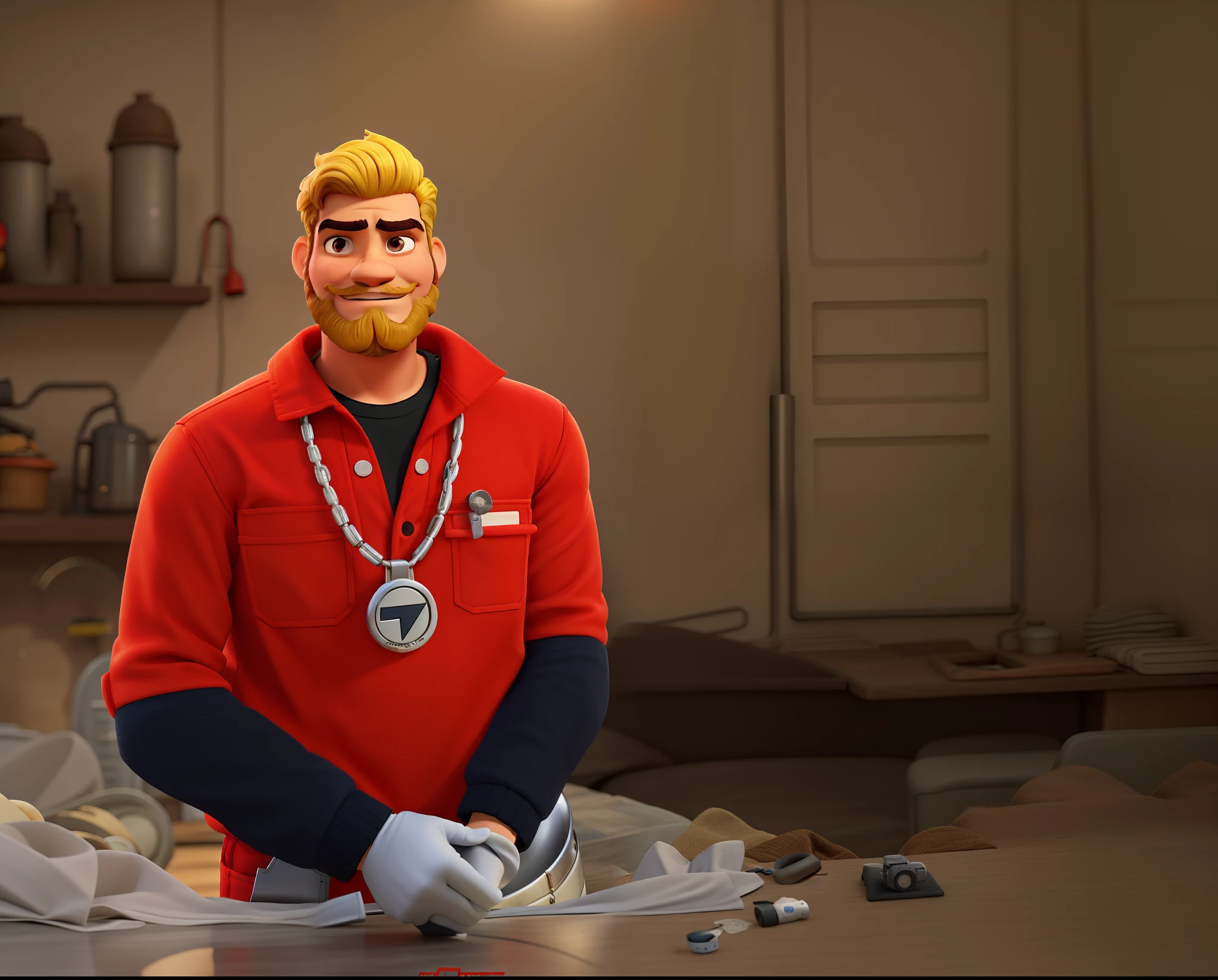 Homem barba loira, red overalls, Sense of mechanic's usefulness, com dreadlook loiro, barba loira, e ao fundo um loja automotiva com o nome de "Benny's" e Efeito Disney PIxar na I.A.