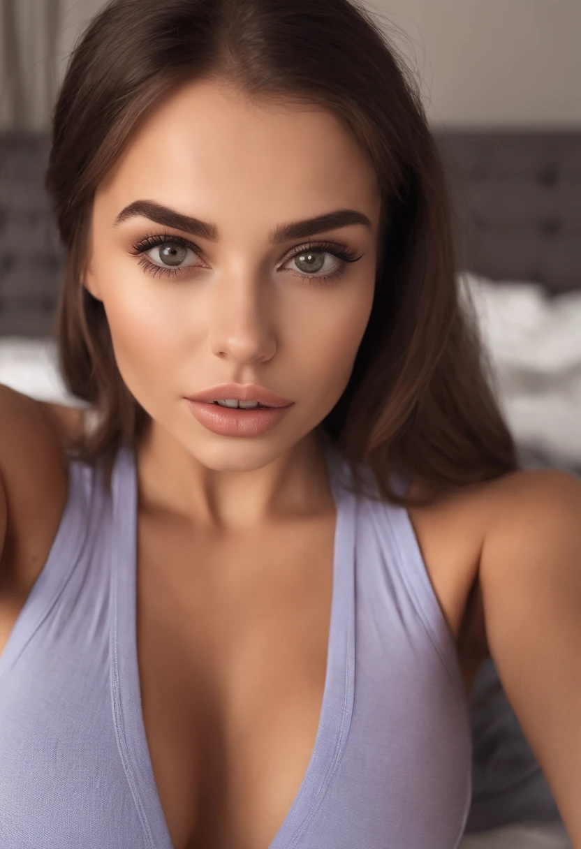 arafed woman with matching tank top and panties, sexy girl with brown eyes, portrait sophie mudd, brown hair and large eyes, selfie of a young woman, bedroom eyes, violet myers, without makeup, natural makeup, looking directly at the camera, face with artgram, subtle makeup, stunning full body shot, in bedroom, big cleavage