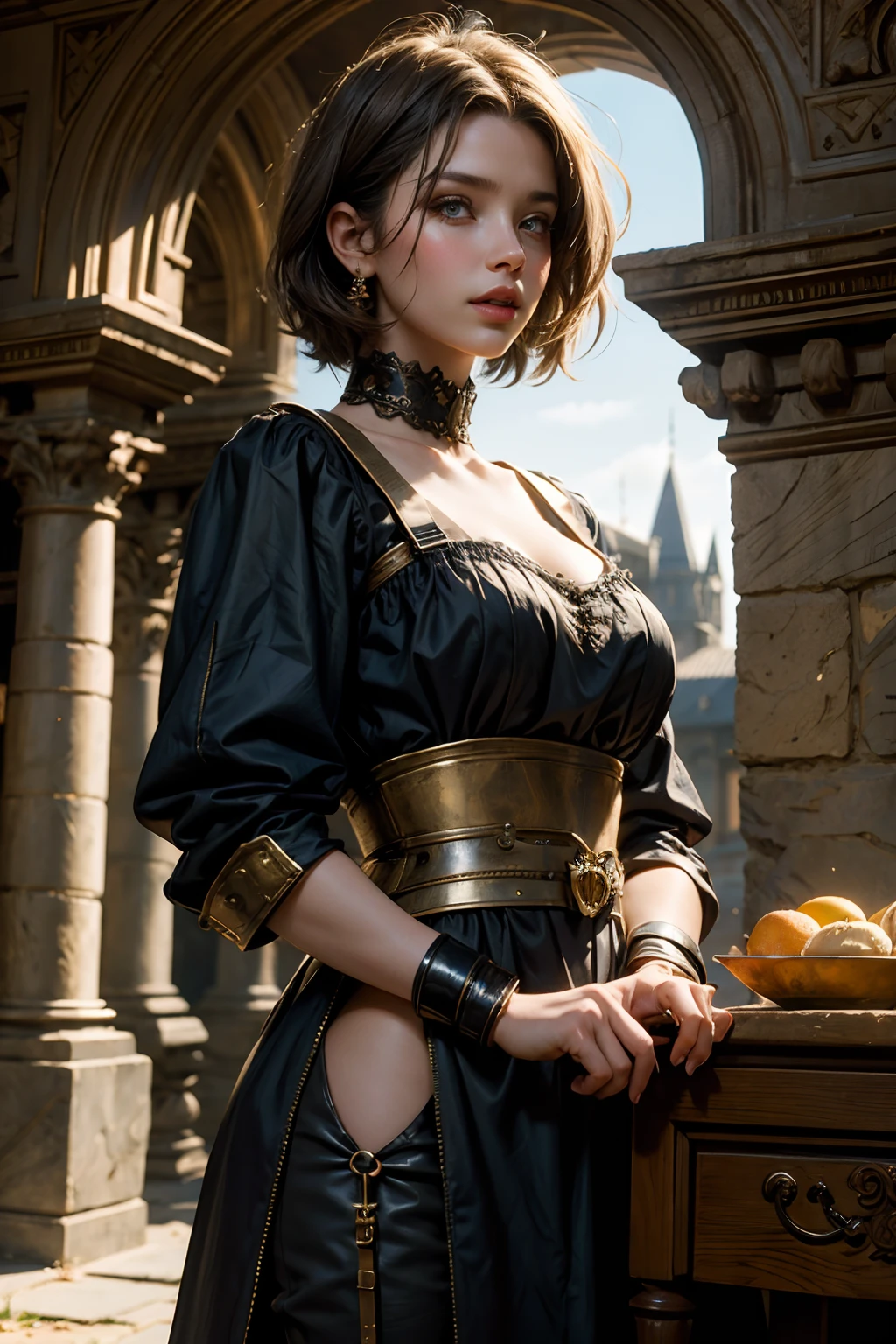 [Beautiful girl in medieval outfit, cheap ripped linen shirt and pants, oil painting, Detailed facial features, dark short hair, big breastes, castle on the background, Sun light, bright colours, dramatic  lighting, expressive eyes and lips, High Resolution, 4K quality, Photorealistic]