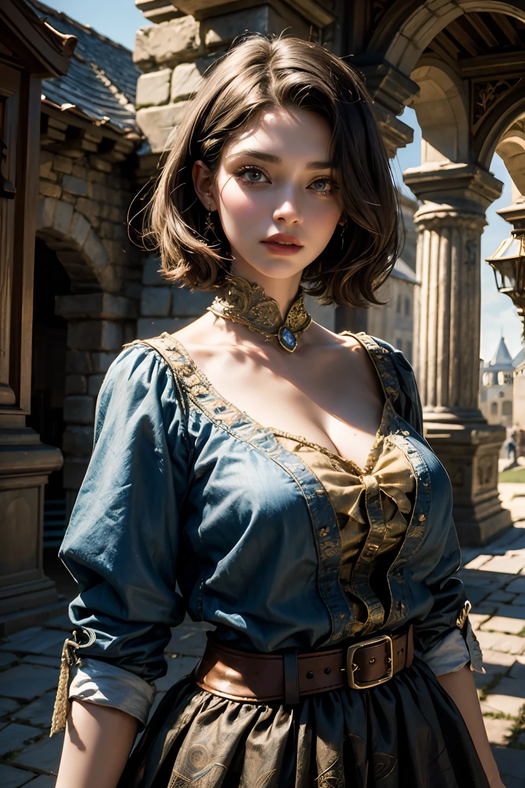 [Beautiful girl in medieval outfit, cheap ripped linen shirt and pants, oil painting, Detailed facial features, dark short hair, big breastes, castle on the background, Sun light, bright colours, dramatic  lighting, expressive eyes and lips, High Resolution, 4K quality, Photorealistic]