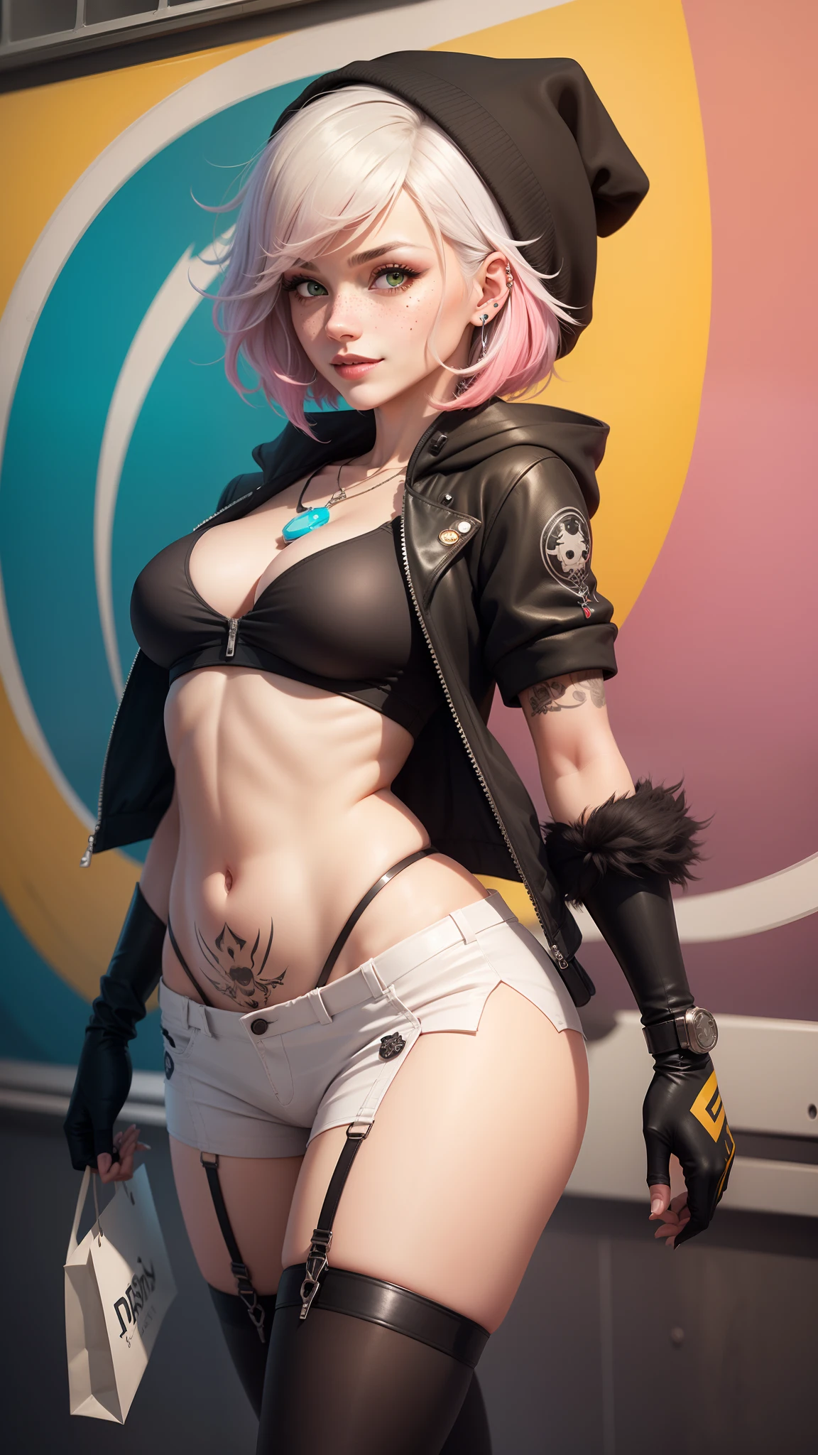 gwen tennyson,tracer,y'shtola rhul,yorha 2b,overwatch,nier automata,mecha pilot,shopping center,tattoos,orange and pink plugsuit,white short sleeve lycra top,white micro cargo shorts,garter belt,uncovered belly,short hair,punk makeup,green eyes,multicolored silver hair,sexy smile,freckles,beautiful girl,large breasts,8k,ultra detailed, realistic,fantasy art,skater uniform,ear piercings,tracer suit,saiyan girl,pink short sleeve sport hoodie,pompom beanie,graffiti wall art,walking,small purse,gothic necklace,underboob,