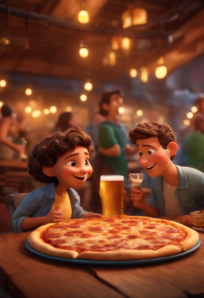 imagem ao estilo disney pixar, melhor qualidade e renderizado 3d, of happy friends drinking beer and eating pizza at Pizzaria À Lenha.