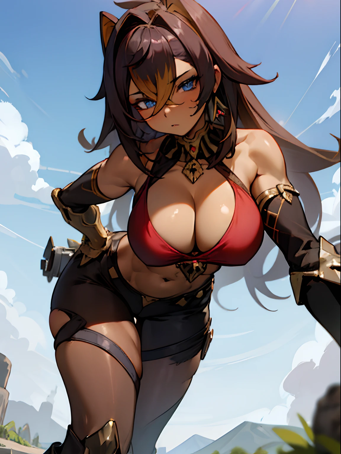 Anime giantess, giant breasts, gigantic breasts, giantess, masterpiece, best quality, flawless skin, detailed eyes, anime giantess, large chest, big breasts, thigh thighs, camel toe, massive chest, dark brown hair, long hair, blonde highlights, light blue eyes, brown skin, dark skin, viewed from below, low angle, low shot, in open fields, hot pants, red bra, no shirt, highly detailed outfit, detailed character design, massive chest, gigantic chest, confident, mature giantess, dehya, dehya genshin impact, muscles, muscular, tomboy, outdoors, sky in background, giantess growth, growing larger, breast expansion, dark brown skin, dark skin colour