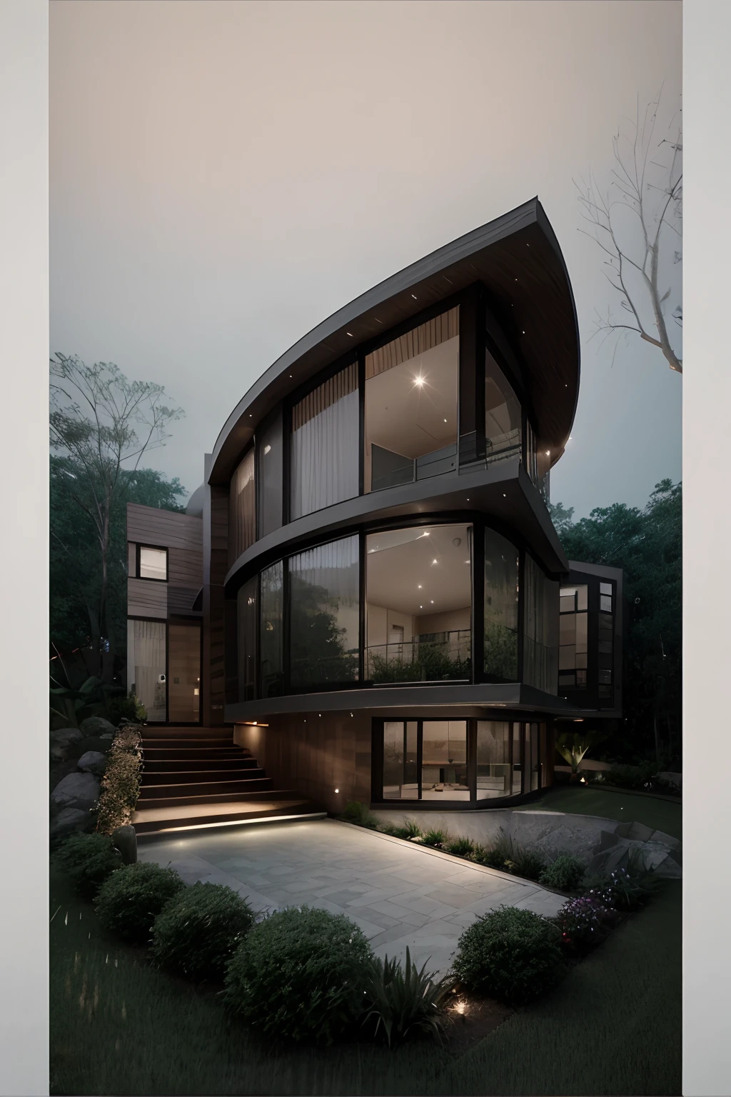 A modern construction for a house in a luxury condominium, Contemporary architecture The look is beautiful with supporting pillars, Acabamento Brisa, Wooded area with trees behind the building, ultra realistic, detalhes intrincados, cinematic lights, 8k