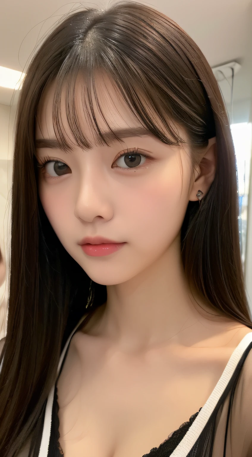 ((top-quality、8K、masterpiece:1.5))、One girl、(Unhealthy face)、(Letter to)、Blunt bangs、(Lots of bangs:1.3)、(full body Esbian:1.4)、(Symmetrical face)、hyperdetailed face、Ultra detailed mouth、A detailed eye、Detailed ears、Slim Faces、(selfee:1.3)、(off shoulders)、(Armpit)、(Looking Up)、(From above)、(Straight long hair、Ahoge:1.3)、(Upper Eyes)、the background is blurred、(Sheer shirt:1.3)、(I can see the cleavage:1.1)、lipgloss、(Beauty Salon)、(turning off lights)、