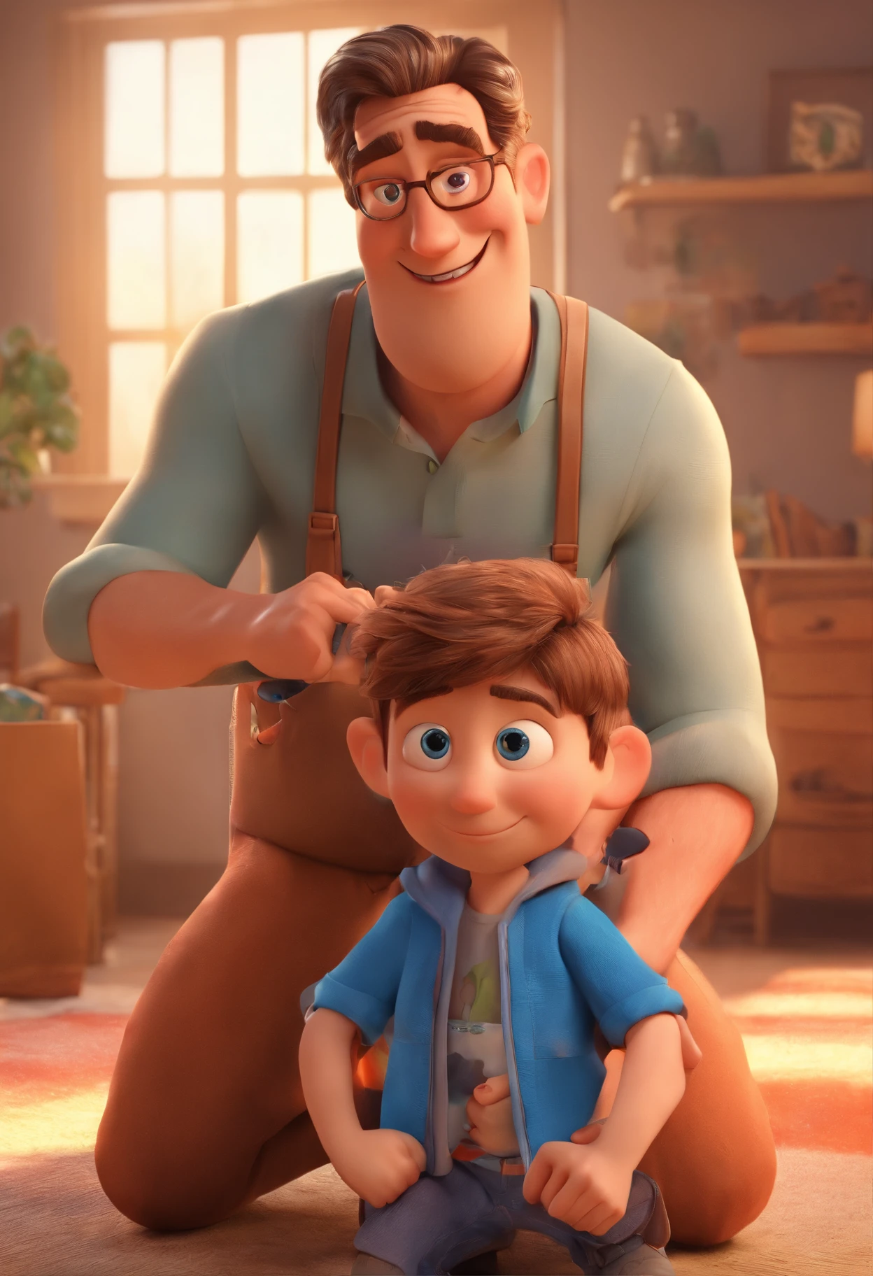 Estilo Pixar: The grown man is holding a naked blue-eyed boy and in his other hand he is holding a pair of scissors and is trying to cut off the boy's testicles,3D Poster,Disney