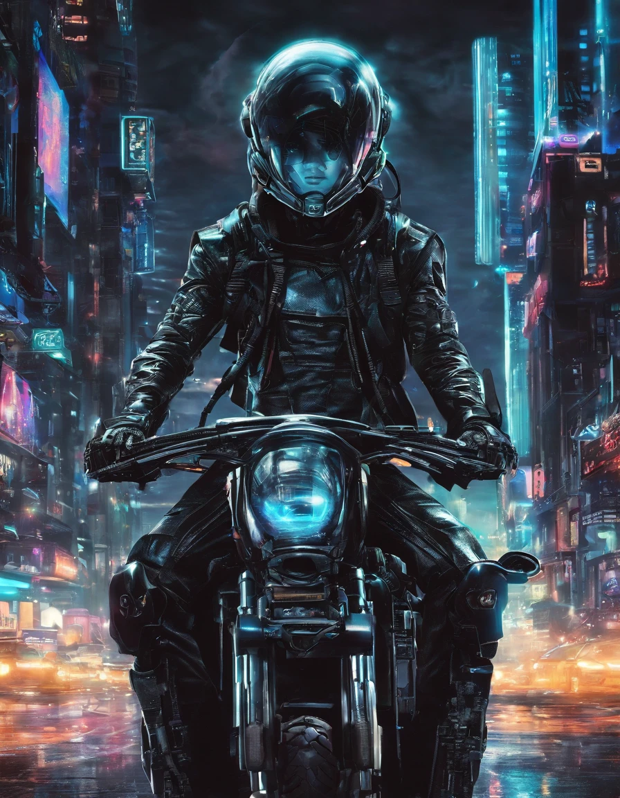 the highest picture quality, Detalles destacados, Ultra-high resolution, (Fidelidad: 1.4), The best illustration, Detalles del favor, Altamente condensado 1girl, con un rostro delicado y hermoso, vestido de mecha blanco y negro, Llevar un casco mecha, Holding a direction controller, Conducir en una motocicleta, The background is a high-tech lighting scene of the future city..