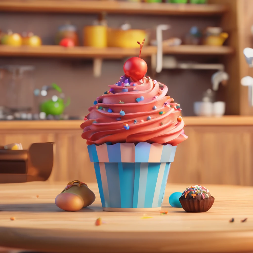 Crie uma logomarca de desenho animado estilo 3d -Pixar, no formato de casa com doces, balas, pirulito, Chocolates, sorvete, milk shake, cupcake, bakery