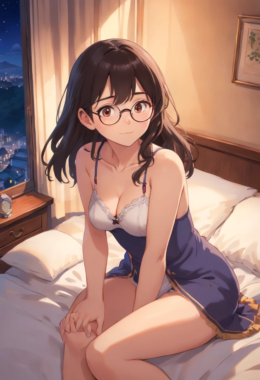 Best Quality、Night view outside the window、Light brown skin、lingerie、cleavage of the breast、long hair、femele、独奏、Very cute、navel, glasses, blush、Midnight、black hair、large breasts、I want to blush、bending forward、Bedroom、Wink、twinkling、Kamimei、Sit on the bed、Girl sitting
