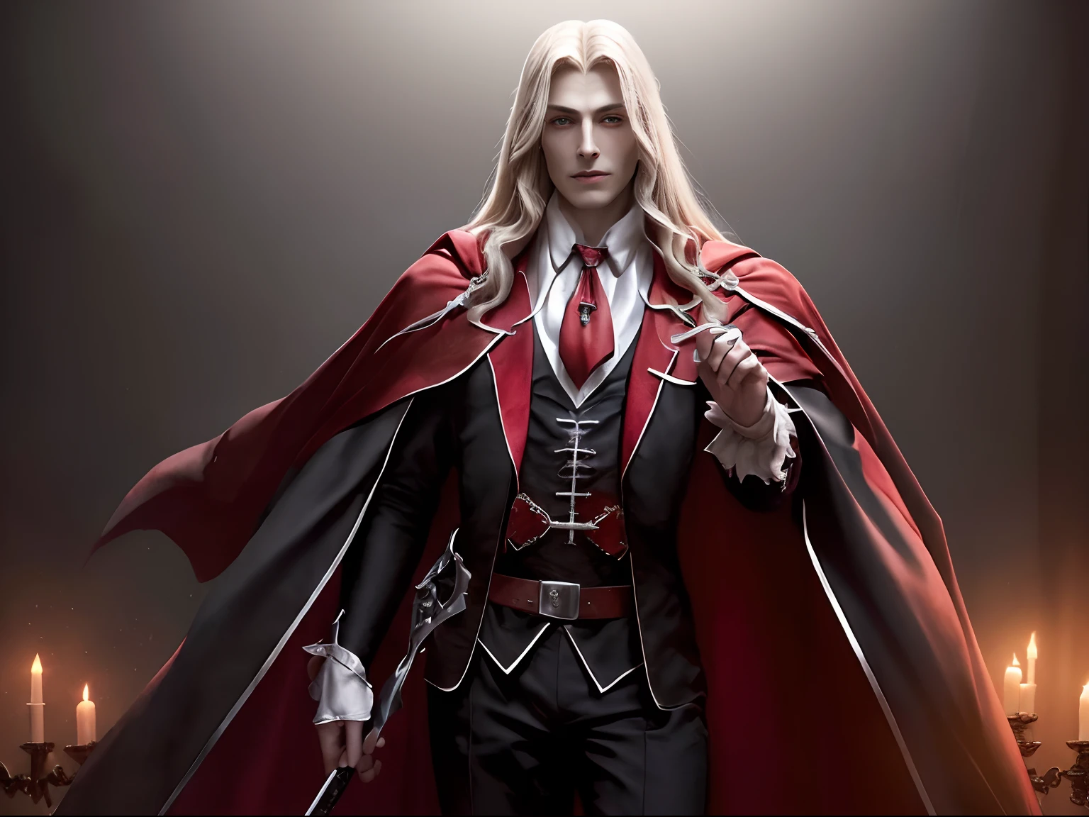 (((dracula)))8k,((from Castlevania)((elegante))(((red cape)))caliente, hermoso,((alucard)),(((viste ropa ajustada )))((tiene una espada)))8k, hiperrealista todo como un motor irreal trazado de rayos render ((estilo humano hiperealista)),(((Empty dark background))). hiperrealista todo como un motor irreal trazado de rayos render estilo humano realista ,(((Empty dark background)))., Suavemente iluminado, Intimo exquisito detalle, foco nítido, intrincadamente detallado, rewarded photography, small-catchlight, bajo contraste, alta nitidez, facial-symmetry, profundidad de campo, cinematic background, Renderizado del motor irreal, Imagen central, dream-like, Suavemente iluminado, intimo, imagen de cuerpo completo ,cuerpo completo, hdri