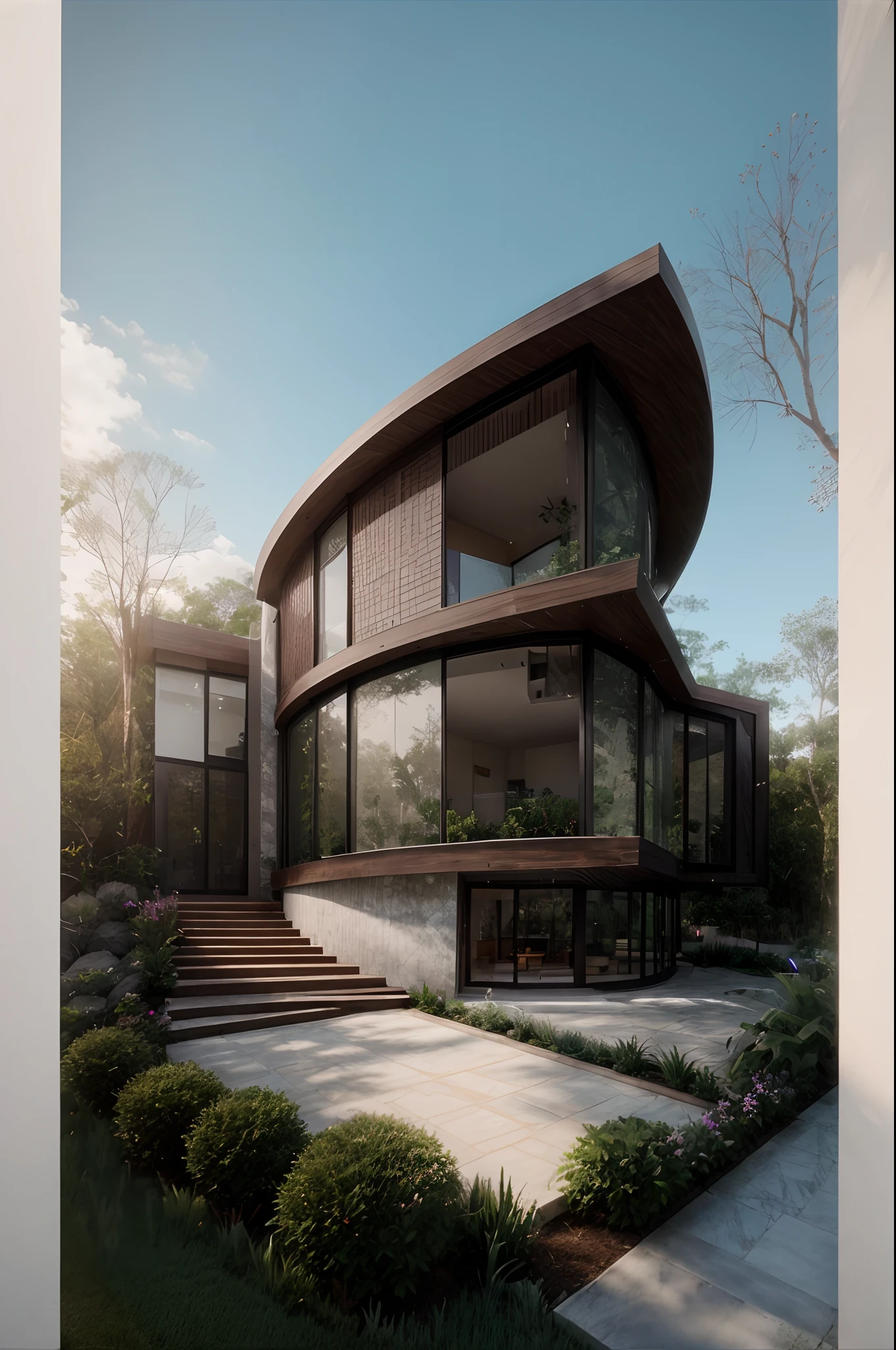 A modern construction for a house in a luxury condominium, Contemporary architecture The look is beautiful with supporting pillars, Acabamento Brisa, Wooded area with trees behind the building, ultra realistic, detalhes intrincados, cinematic lights, 8k