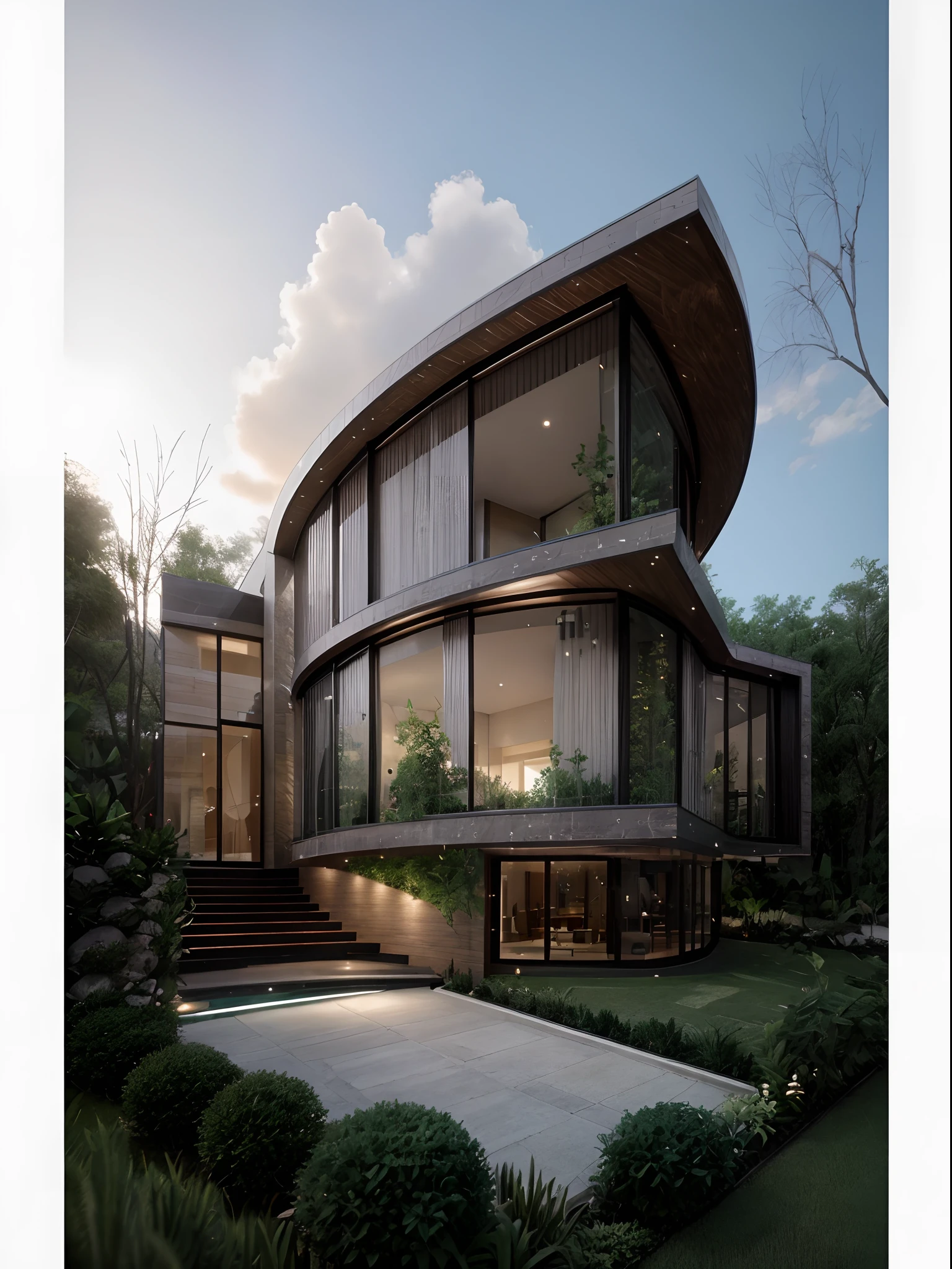 A modern construction for a house in a luxury condominium, Contemporary architecture The look is beautiful with supporting pillars, Acabamento Brisa, Wooded area with trees behind the building, ultra realistic, detalhes intrincados, cinematic lights, 8k