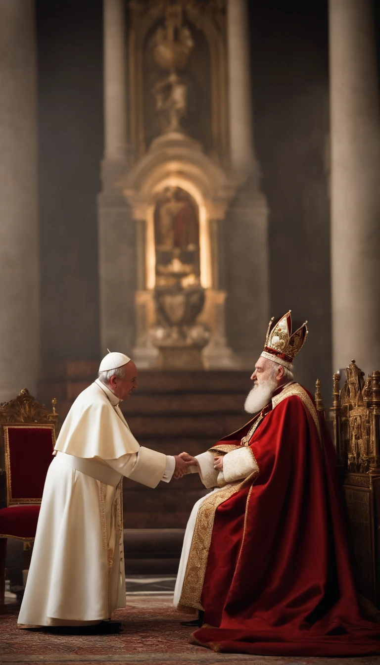 a pope crowning and giving the crown to a European monarch, 1800s environment, monarch with no adornment, nothing on his head, a monarch is a young man