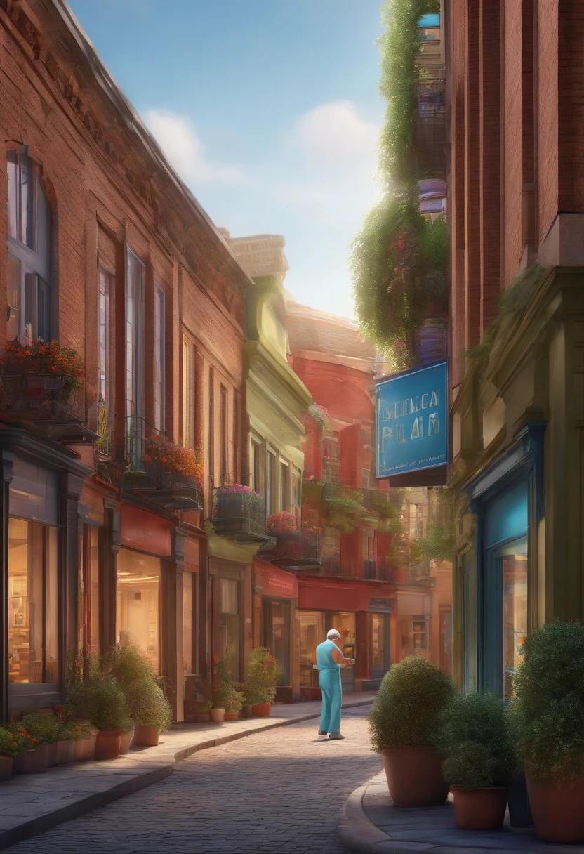 Pixar 3D-style drawing of a slimming clinic in the city center with a character in the foreground