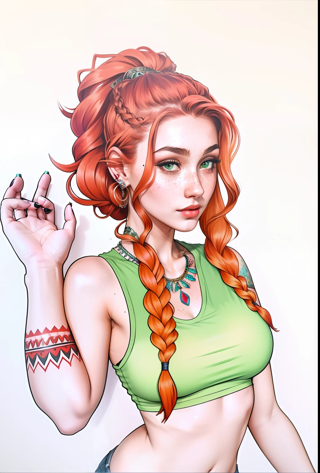 a woman with a green cropped top and short denim shorts, realism, non-visible ears, braided hair, big breasts, sensual body, red hair, freckles, colorful, mysterious look, sensual girl, thin girl, finished and rendered art, looking at the viewer, red body paint, green eyes, traditional Slavic necklace, human woman, Greek woman, inspired by Aphrodite, red tribal tattoo on the arm, delicate hand, human race, voluminous hair, a dark mole over the mouth, freckles on the face