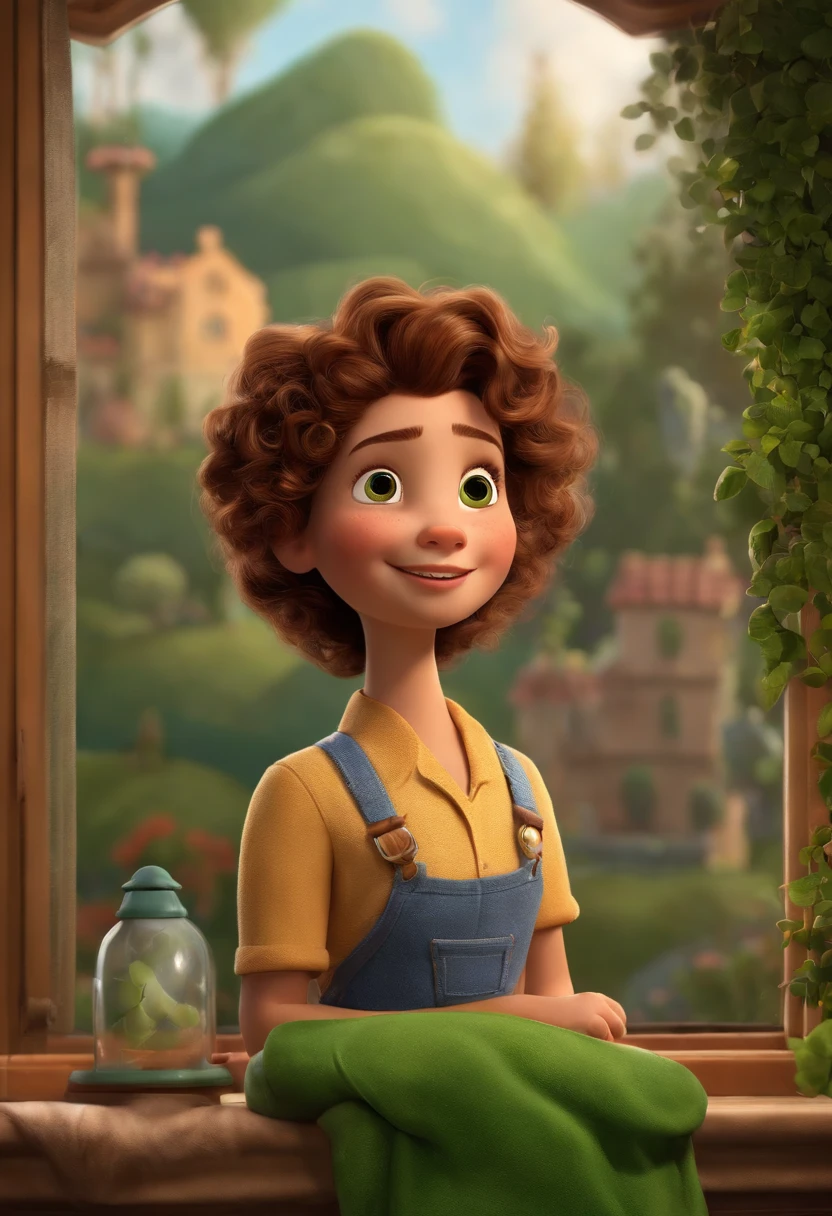 A Dream Barber Inspired by Pixar Animation, de perto. The character takes center stage with captivating facial expressions, oferecendo um toque de irrealidade, A girl with brown curly hair dark green eyes She's a light brunette She's looking at a window And that window outside has a lot of trees and grass