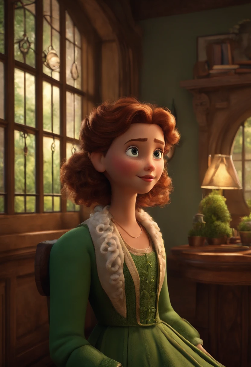 A Dream Barber Inspired by Pixar Animation, de perto. The character takes center stage with captivating facial expressions, oferecendo um toque de irrealidade, A  girl with brown curly hair dark green eyes She's a light brunette She's looking at a window And that window outside has a lot of trees and grass