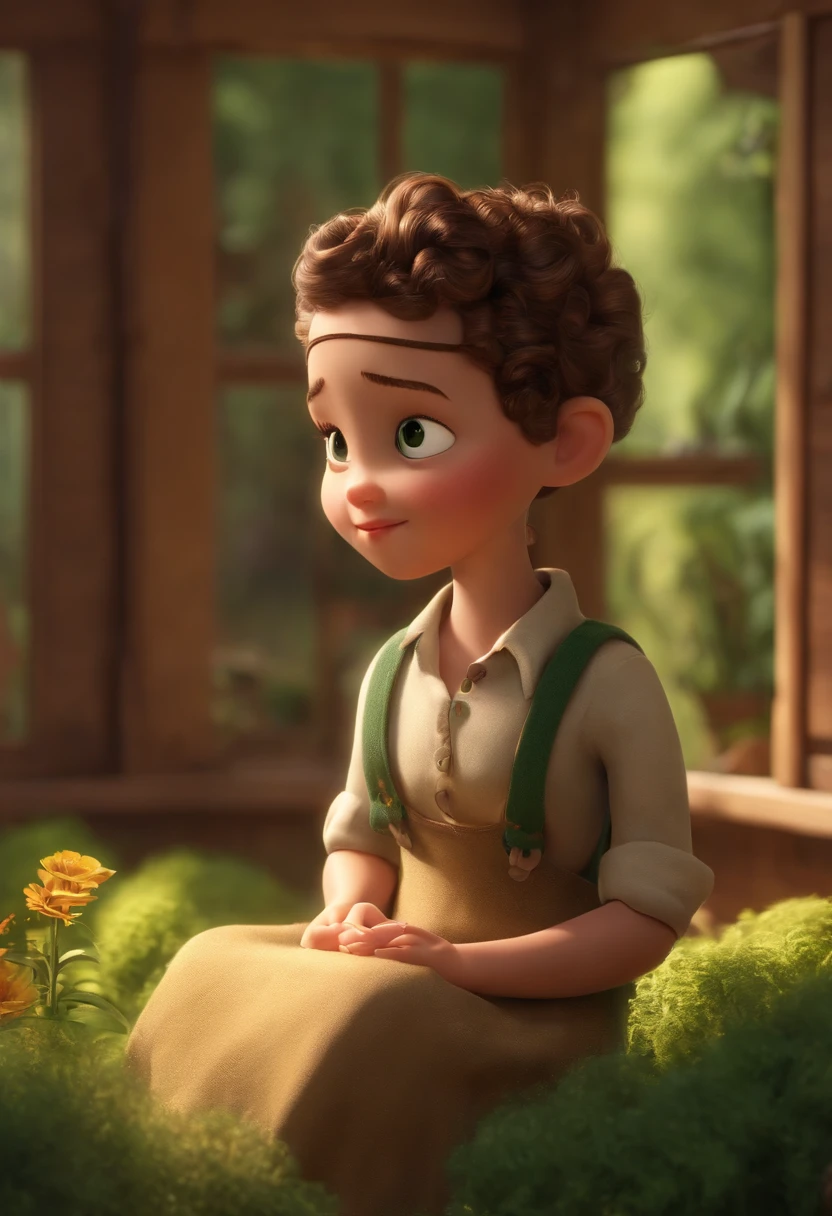 A Dream Barber Inspired by Pixar Animation, de perto. The character takes center stage with captivating facial expressions, oferecendo um toque de irrealidade, A child girl with brown curly hair dark green eyes She's a light brunette She's looking at a window And that window outside has a lot of trees and grass