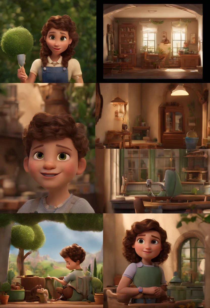 A Dream Barber Inspired by Pixar Animation, de perto. The character takes center stage with captivating facial expressions, oferecendo um toque de irrealidade, A child girl with brown curly hair dark green eyes She's a light brunette She's looking at a window And that window outside has a lot of trees and grass