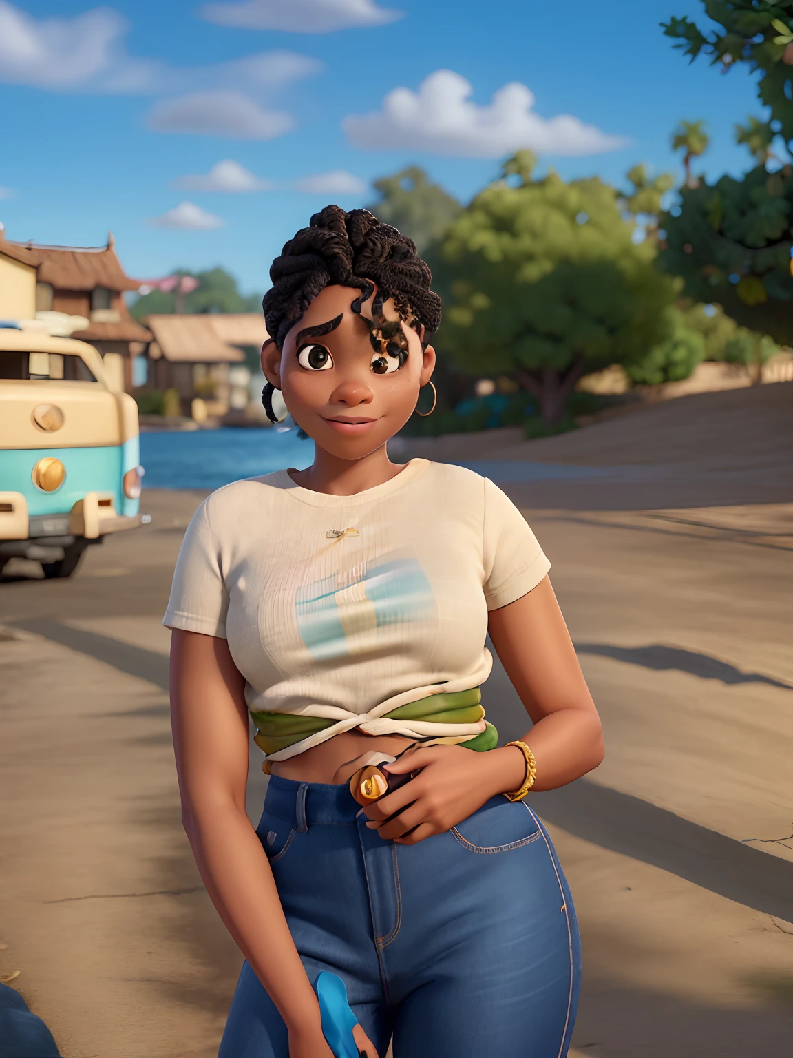 Um filme inspirado na Disney Pixar,Young black woman with braiding locks, dentro A cena estar na arte distinta do estilo PIXAR, descolada e estilos a, com a imagem 8k Full Hd