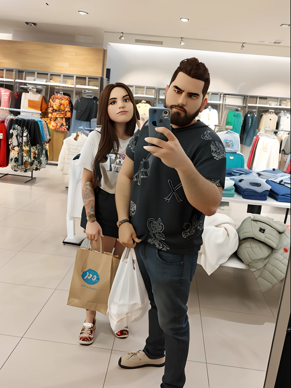 A imagem mostra uma mulher e um homem em um loja de roupas, posando juntos para uma foto. The woman is light-skinned and has a lot of time, Cabelos escuros, while the man is brown-skinned and has, Cabelos escuros.
The man is using a mobile phone to record the moment, e a mulher segura um saco de compras. The store is full of various pieces of clothing, como camisetas e jeans, that are displayed in different areas of the store. Alguns exemplos incluem uma camiseta no canto superior esquerdo da imagem, outra camiseta no canto superior direito, and a pair of jeans in the lower right corner
The woman is wearing a short dress and a t-shirt, While the man is wearing a black hoodie. The scene is a typical depiction of a visit to the mall, com a dupla aproveitando a oportunidade para capturar um momento especial juntos, (Estilo Pixar)