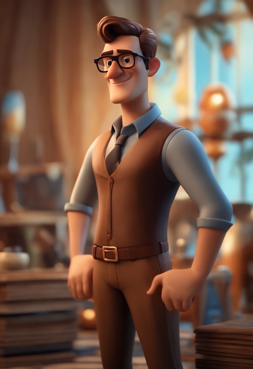 Cartoon character of two men with black glasses, cabelo cacheado marrom escuro e uma camisa azul, animation character, Caractere estilizado, animation style rendering, 3D estilizado, Arnold Maya render, 3 d render stylized, toon render keyshot, Personagem 3D, Personagem 3D, 3d rendering stylized, 3 d character render, personagem de desenho animado, Personagem de close up, Pose de personagem, (Estilo Pixar) (master part:1.2) (Bokeh) (best quality) (pele detalhada) (textura detalhada) (8k) (argila) (Cinematic lighting) (foco nítido
